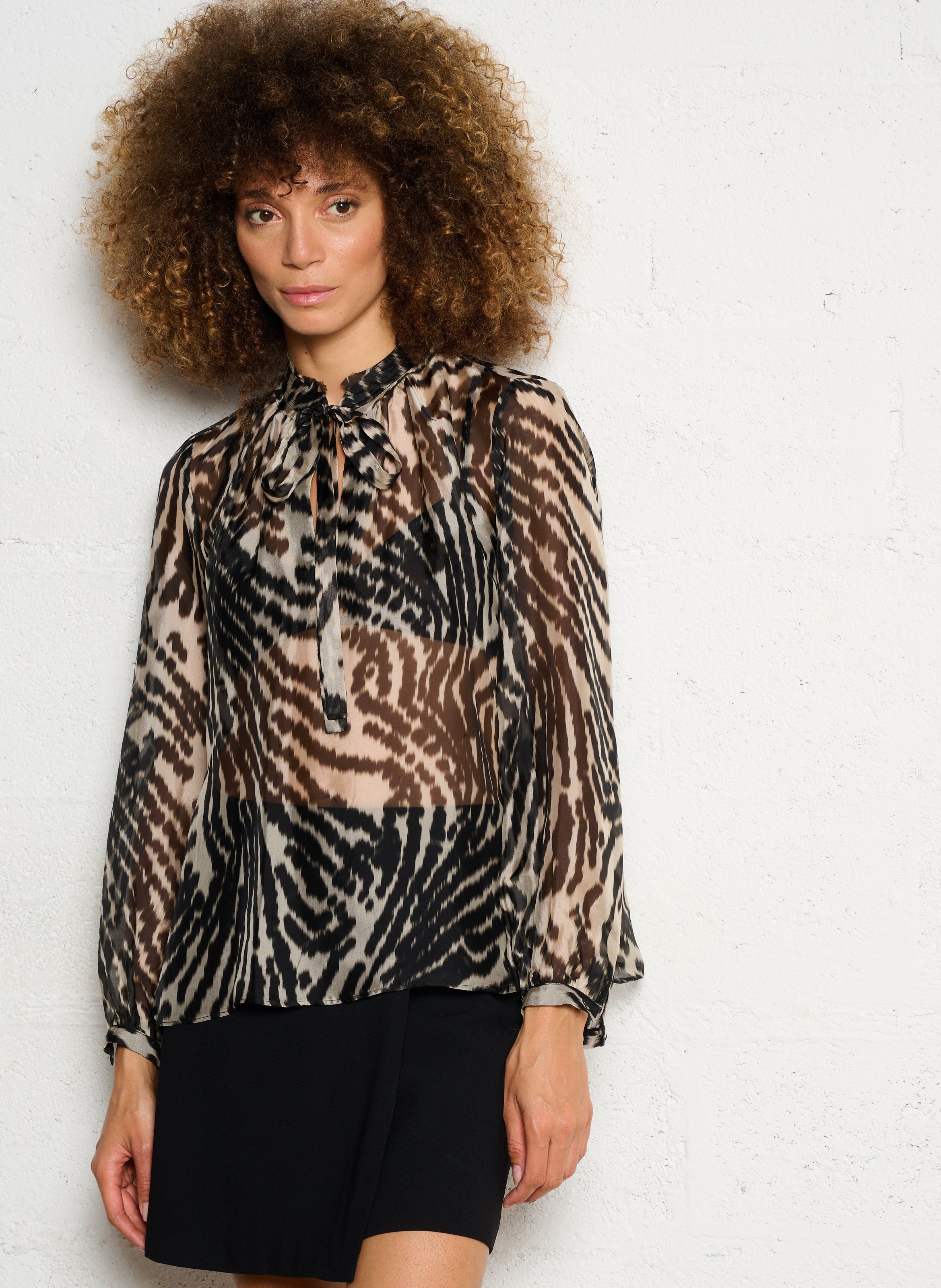 Blouse col lavallière imprimée IKKS Noir