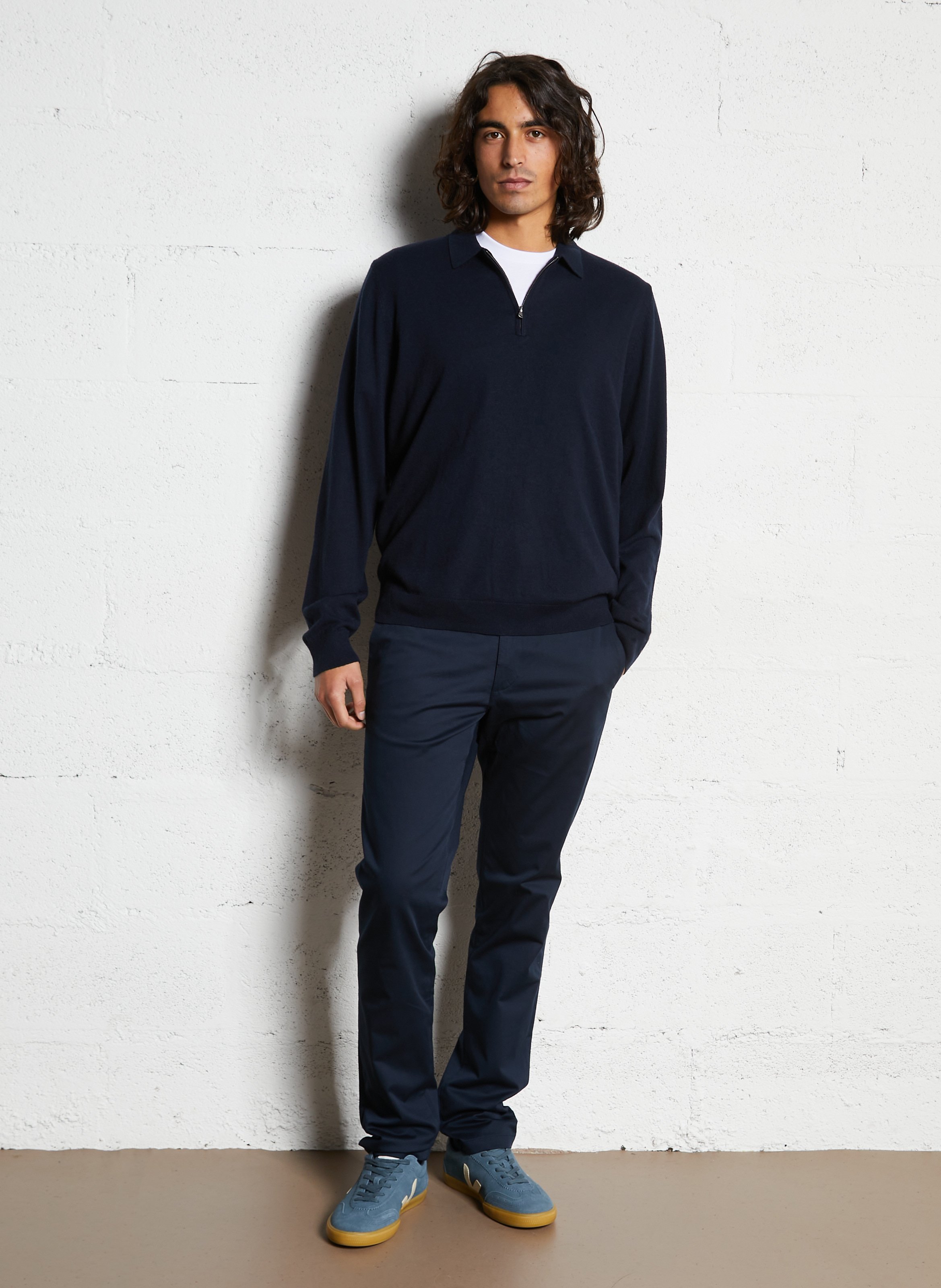 Pull droit uni à col polo zippé IKKS Bleu