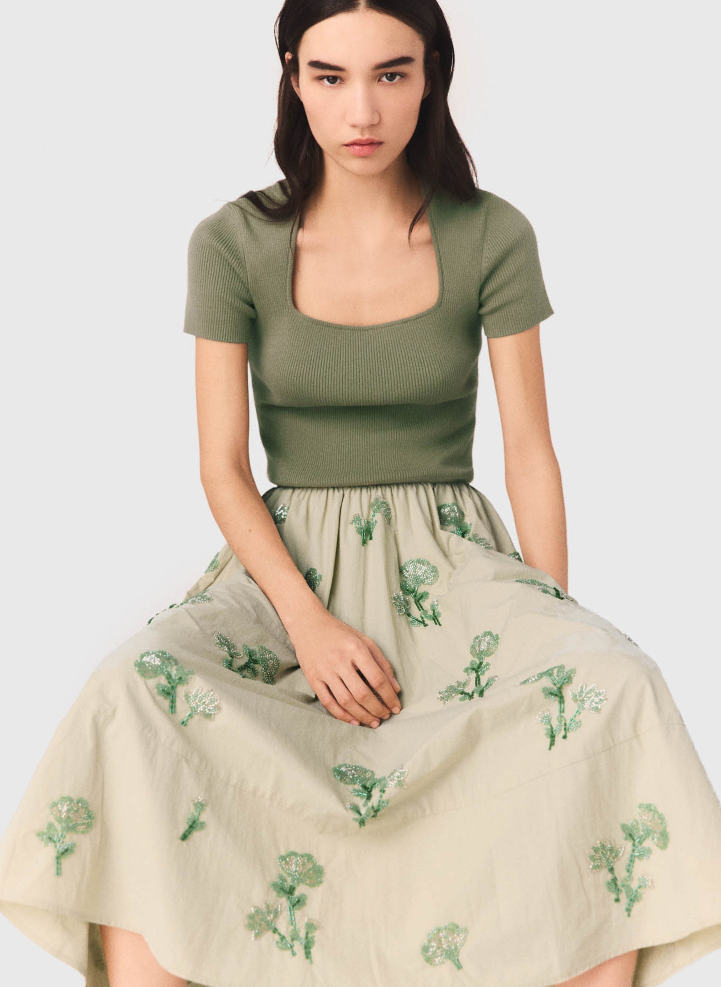 Jupe midi évasée brodée MAJE Beige