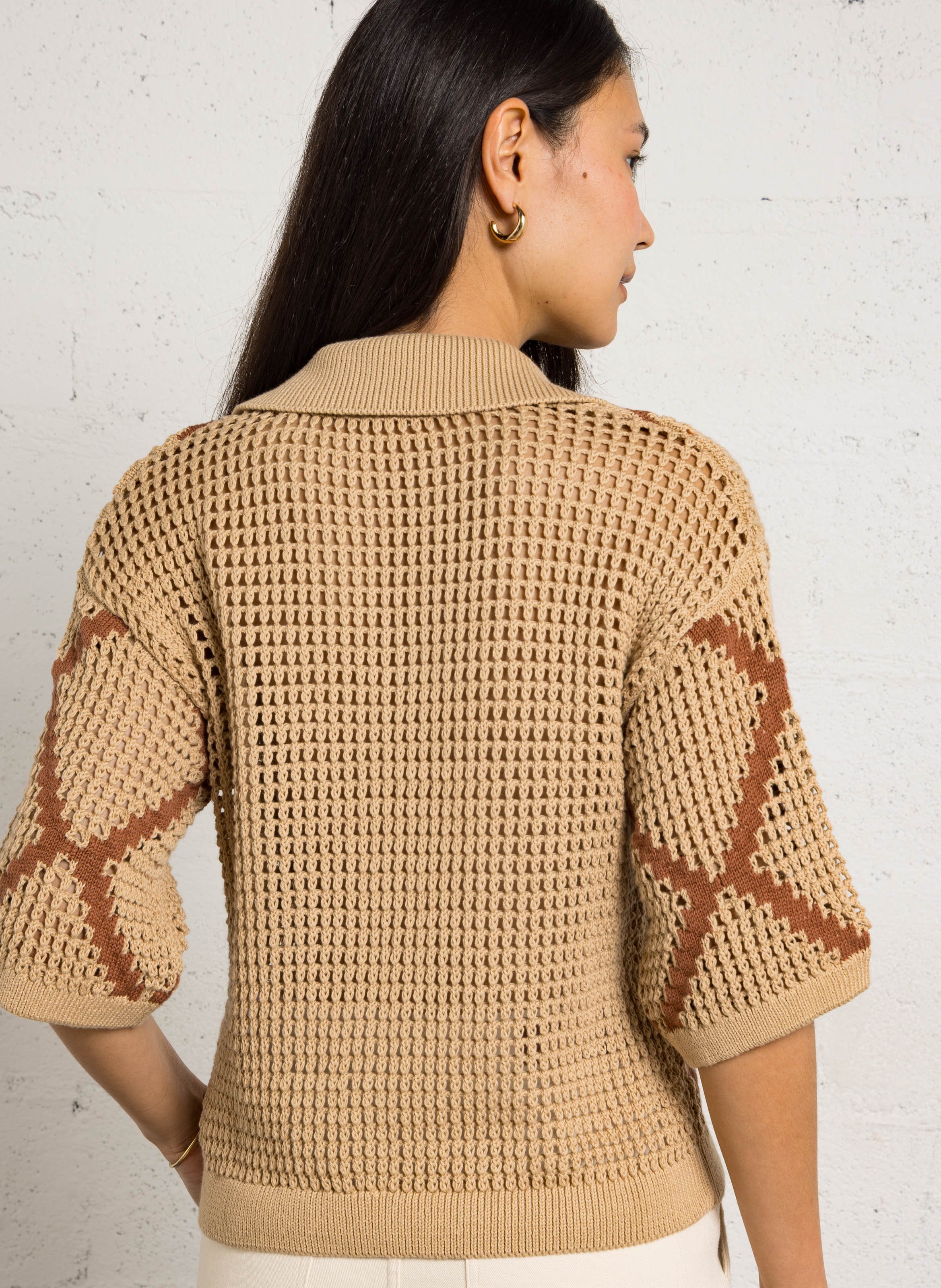 Polo à motif en maille ajourée percy Beige