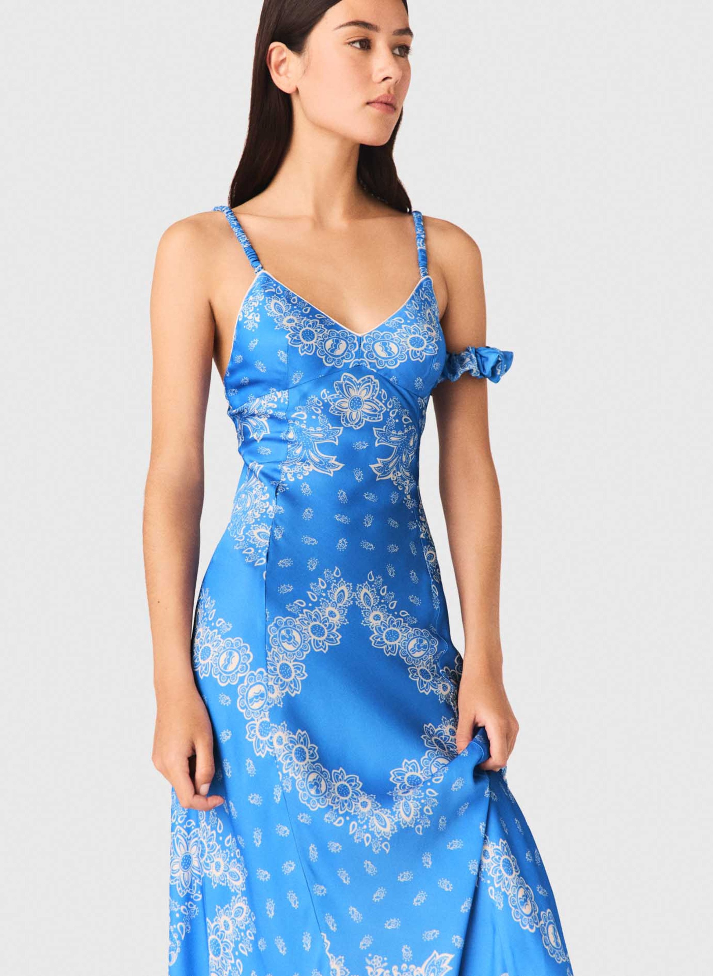 Robe longue col v imprimée Bleu