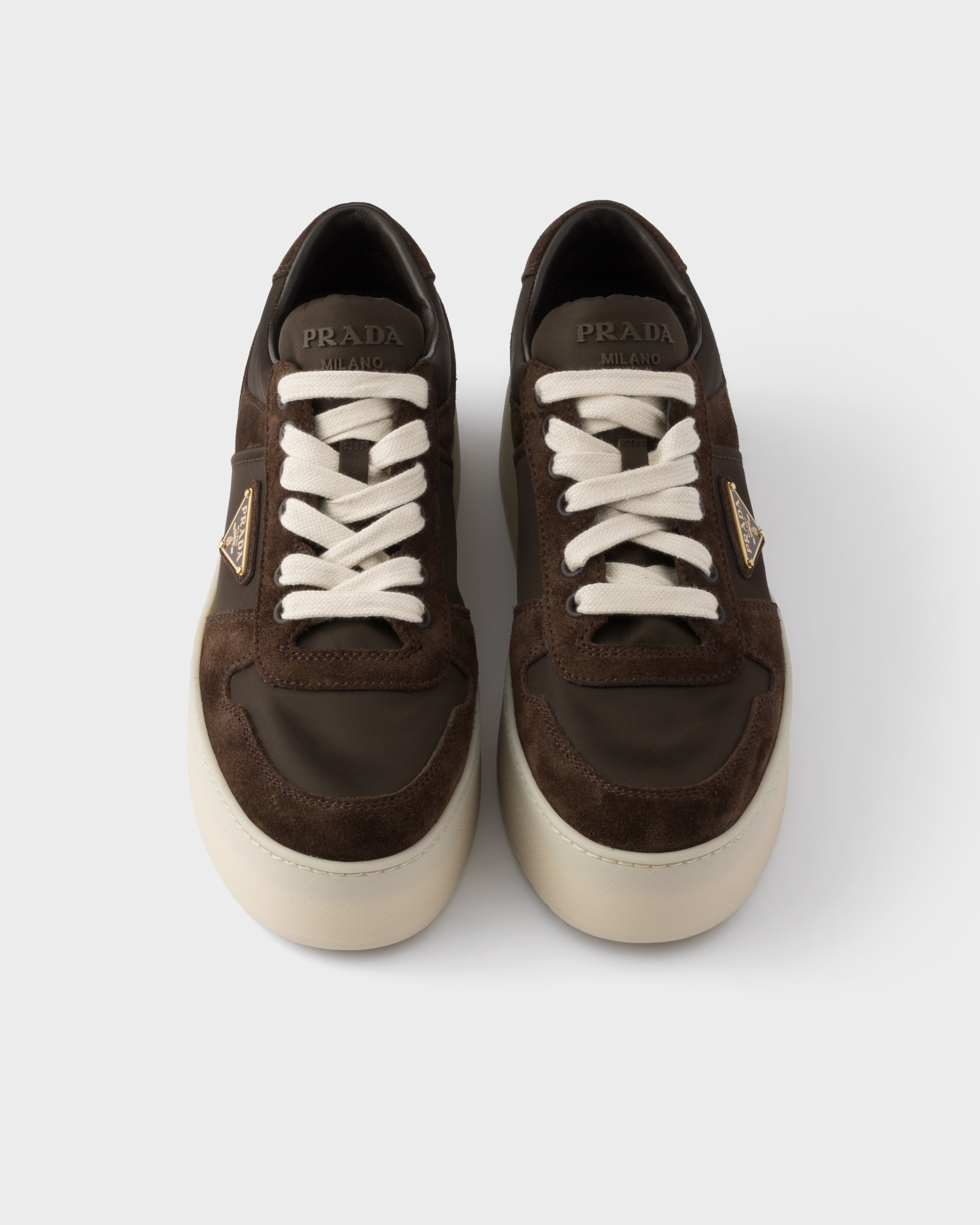 Baskets downtown bold en re-nylon et en daim PRADA Marron