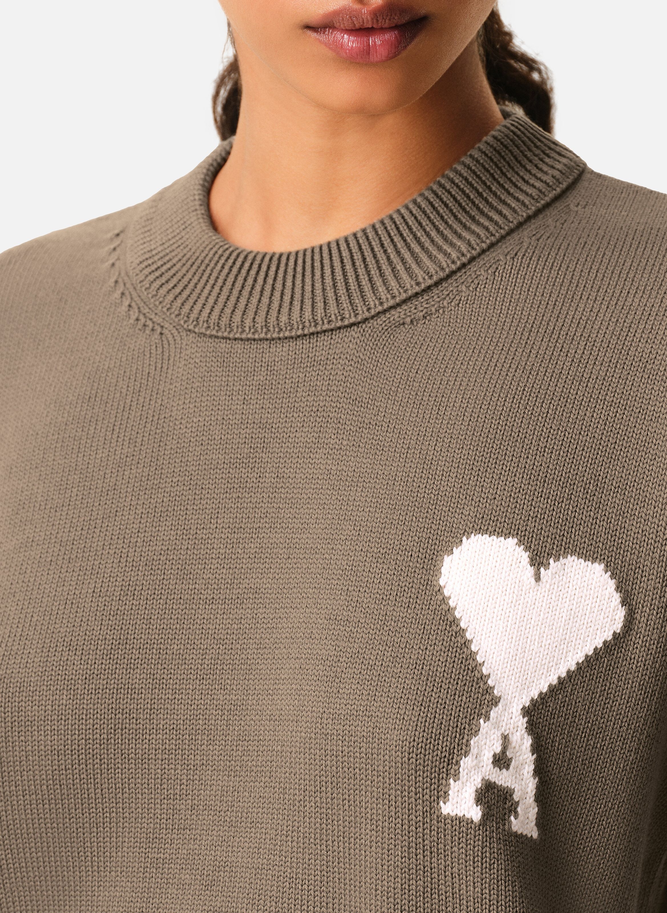Pull col rond ami de coeur unisexe en laine et coton AMI PARIS Beige
