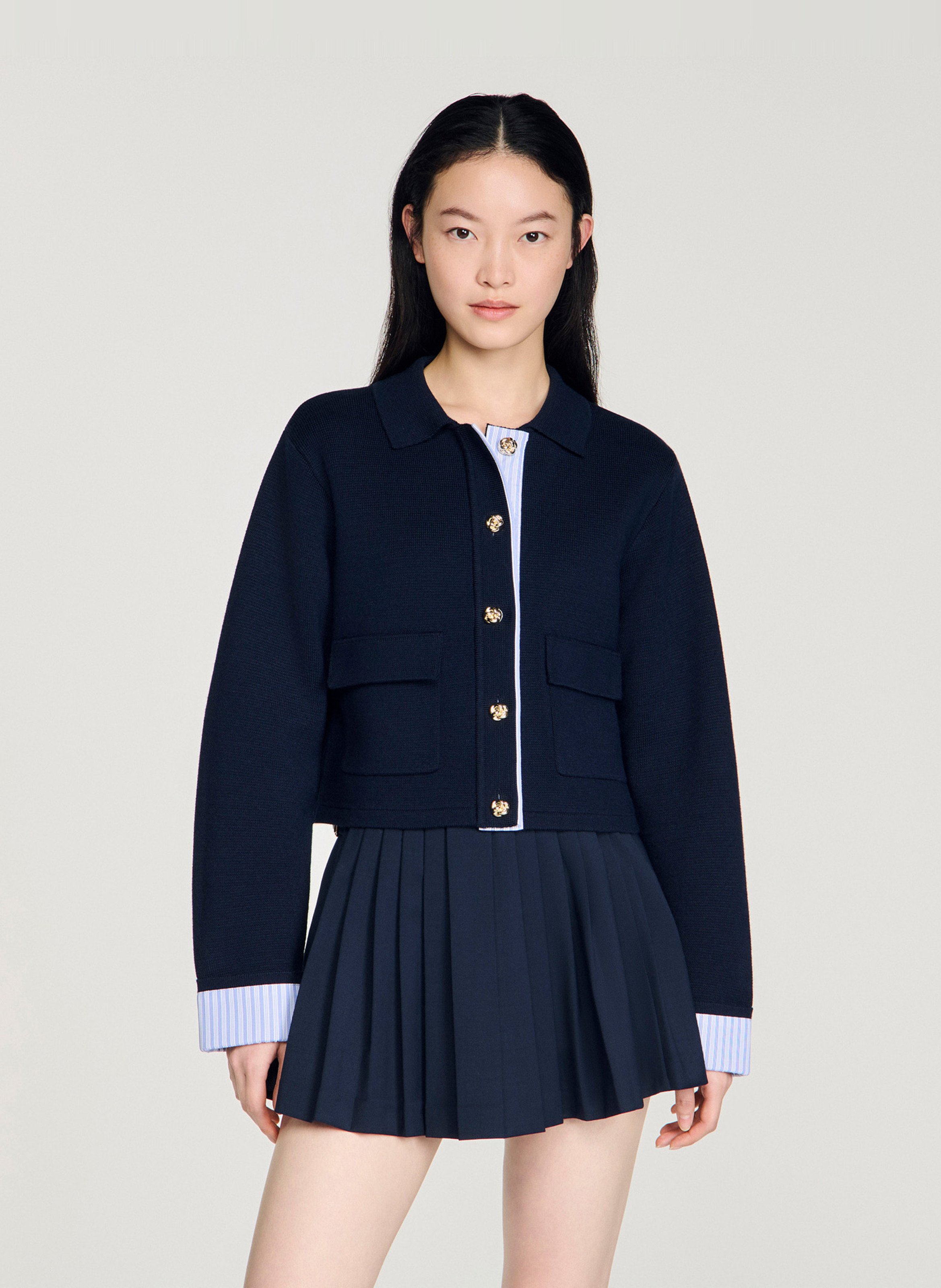 Cardigan court à détail rayé en laine mélangée SANDRO Bleu