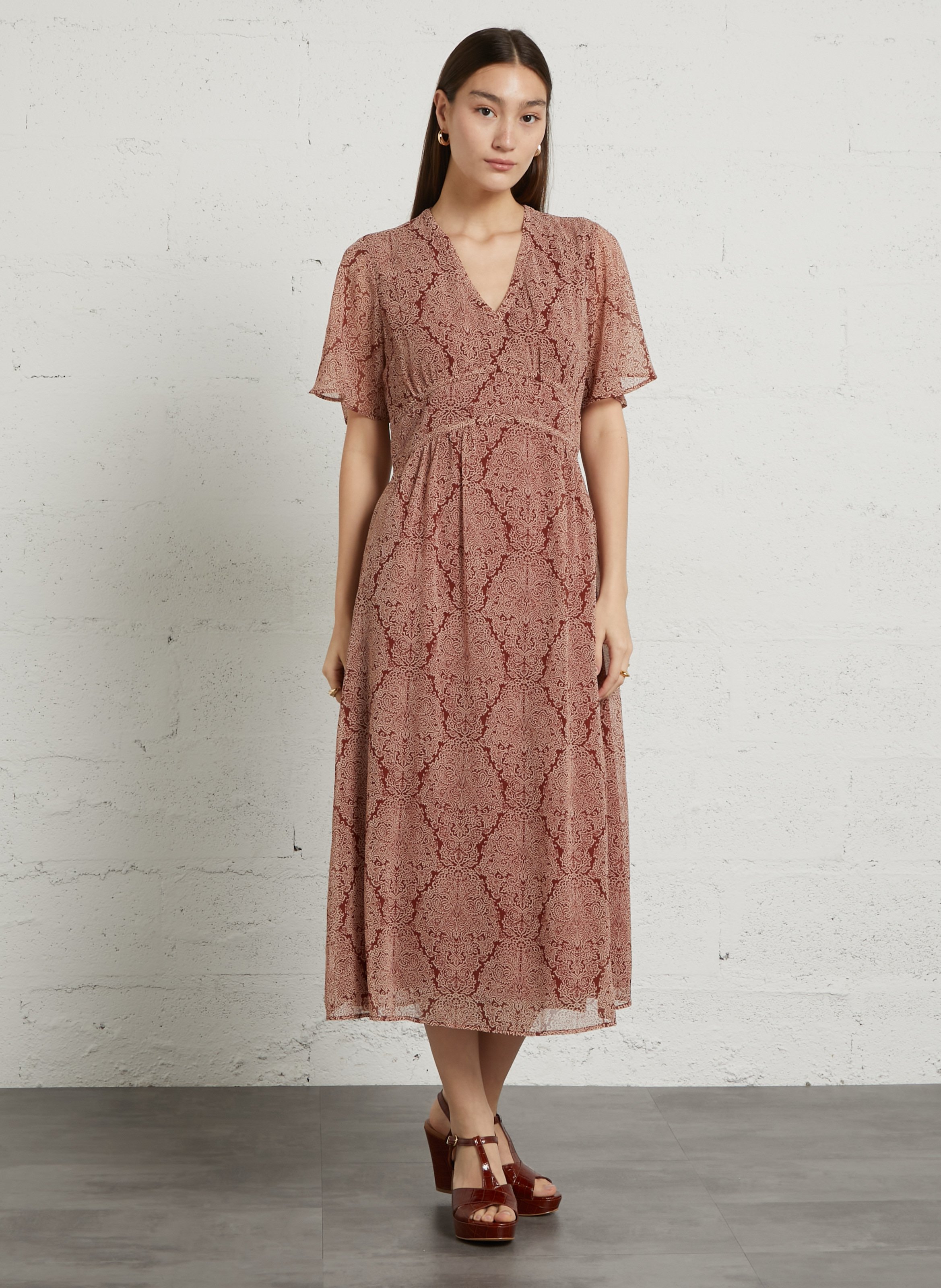 Robe longue col v imprimée brunela MAISON 123 Rouge