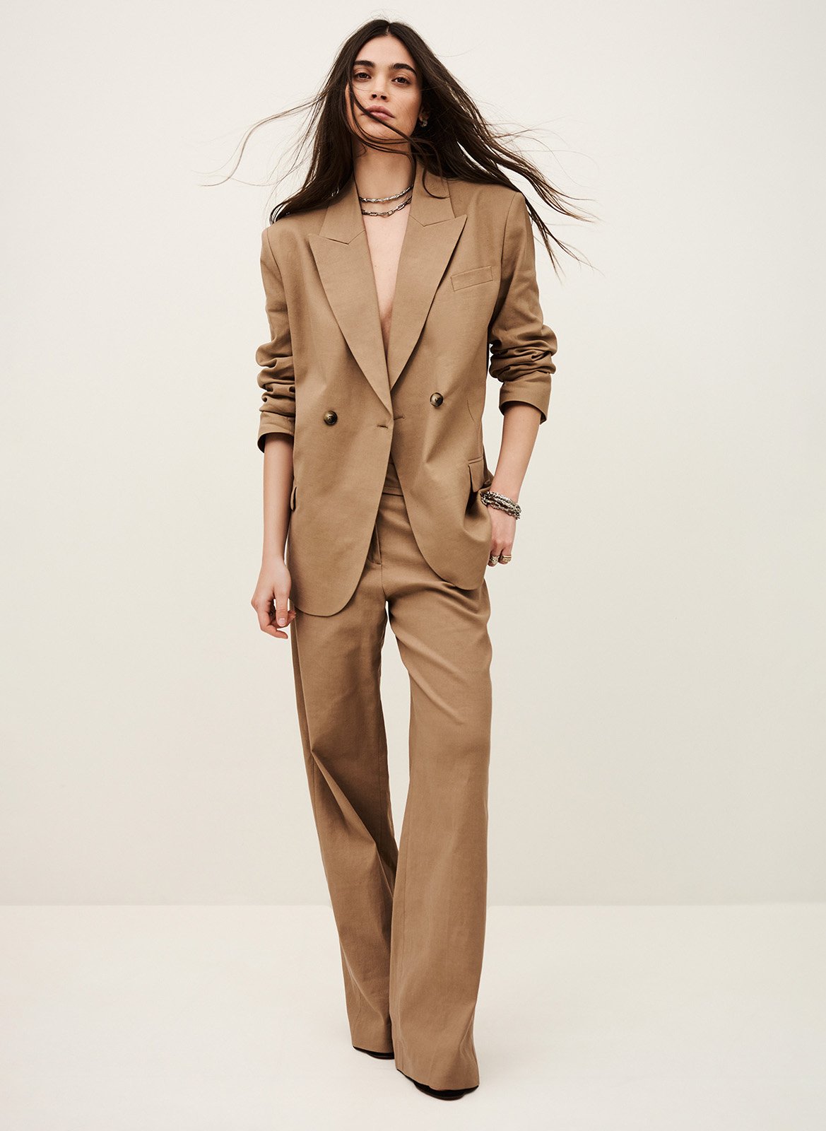 Veste col tailleur en lin mélangé clay Marron