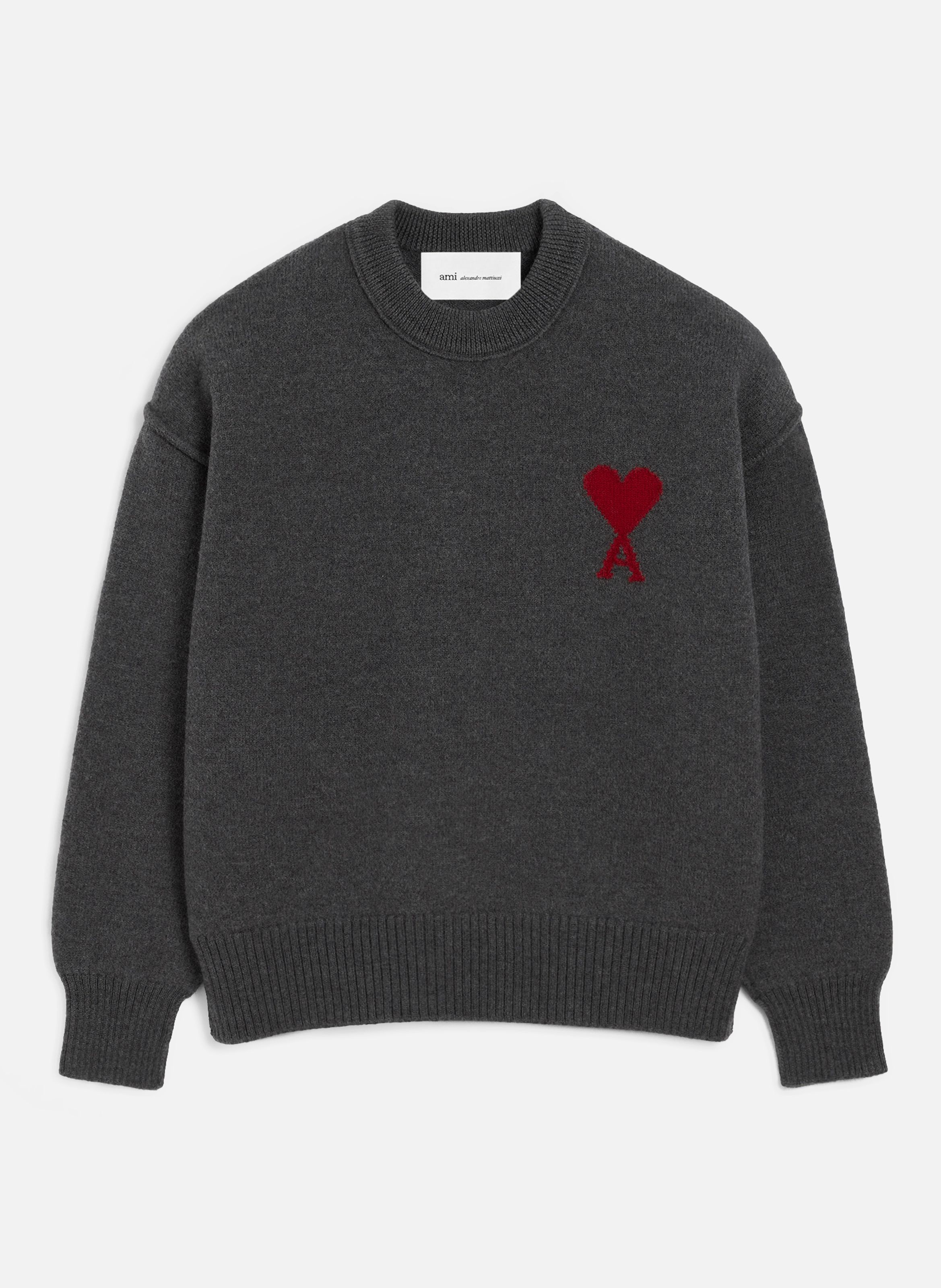 Pull col rond ami de coeur en laine unisexe AMI PARIS Gris