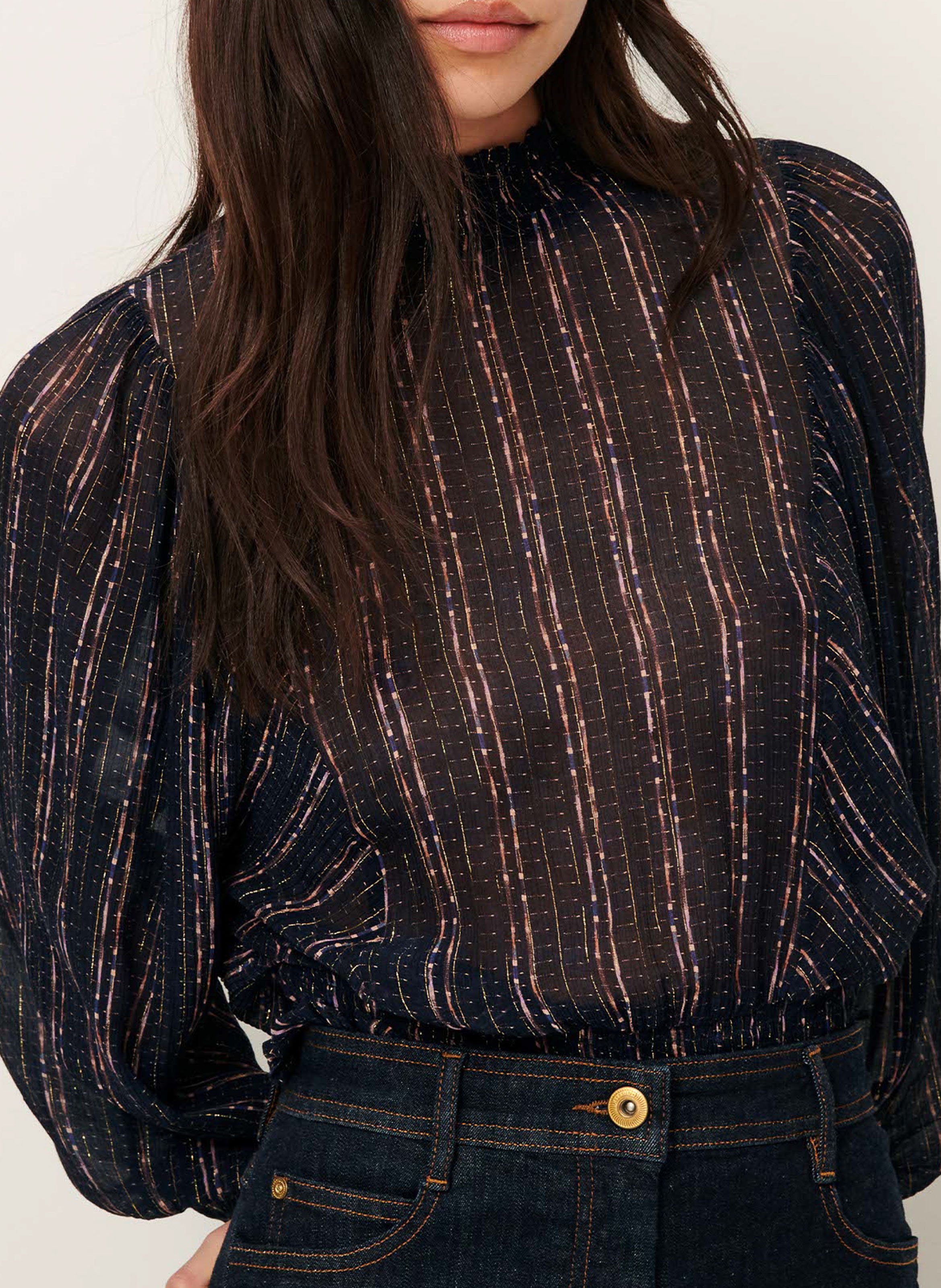 Blouse col montant droite imprimée duchess SESSUN Bleu