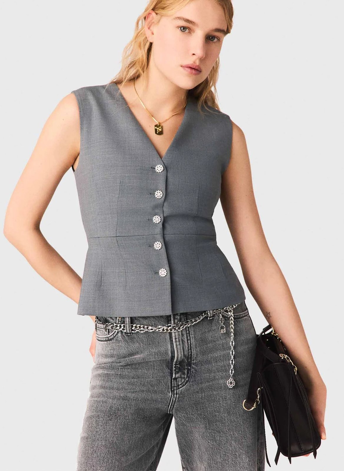 Gilet tailleur sans manches col v MAJE Gris