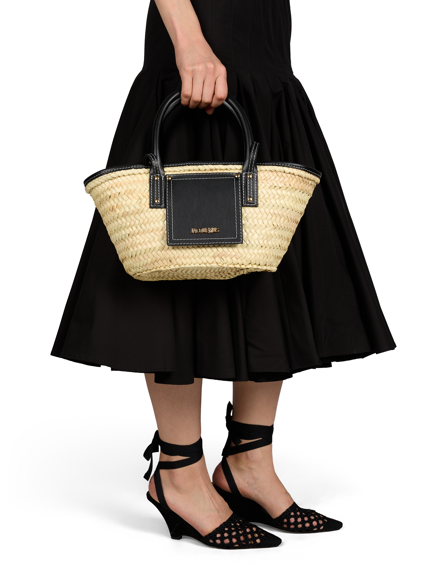 Le petit panier Soli en cuir et palmier Noir