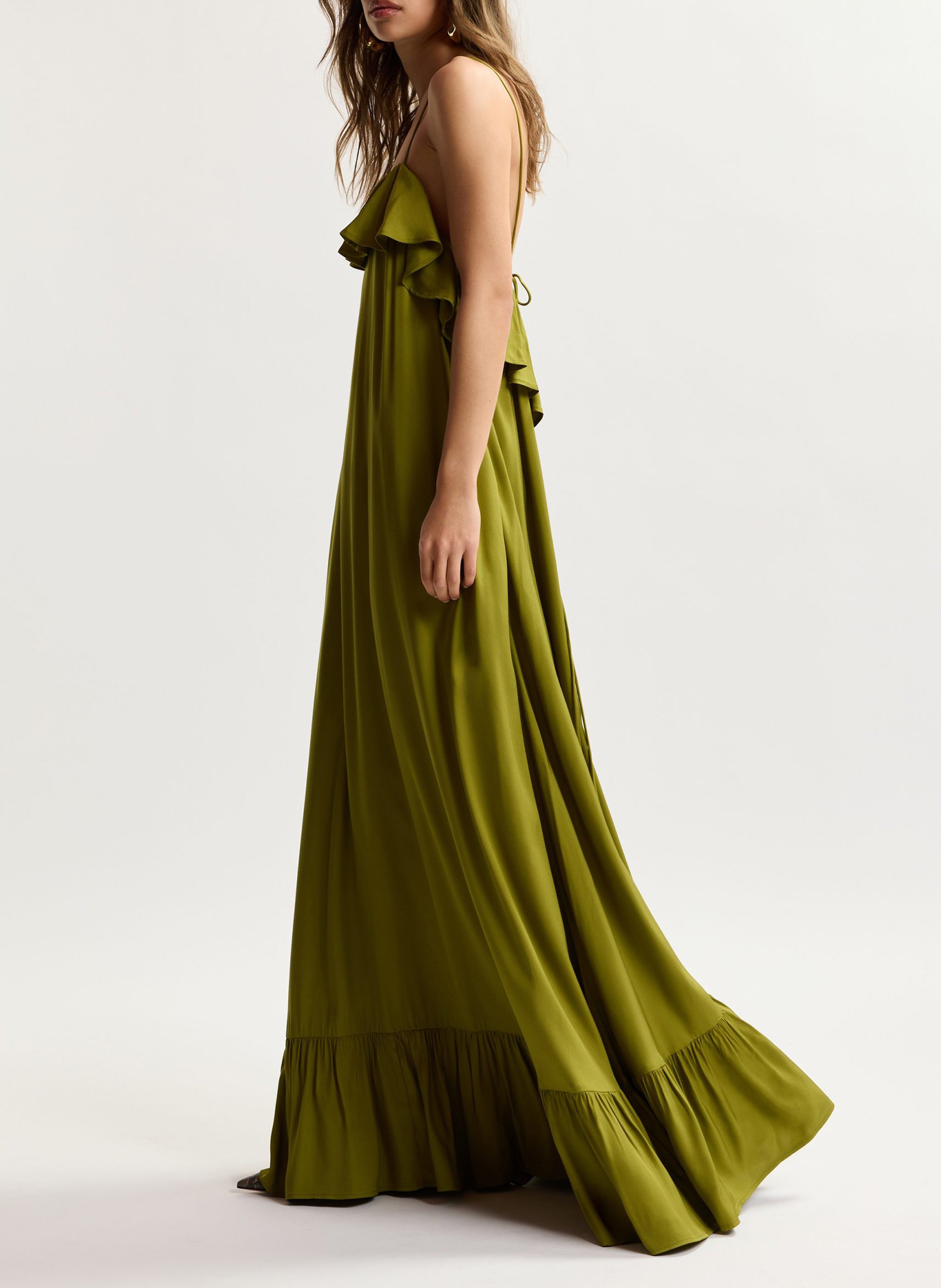 Robe longue fluide à volants unie jeste Vert