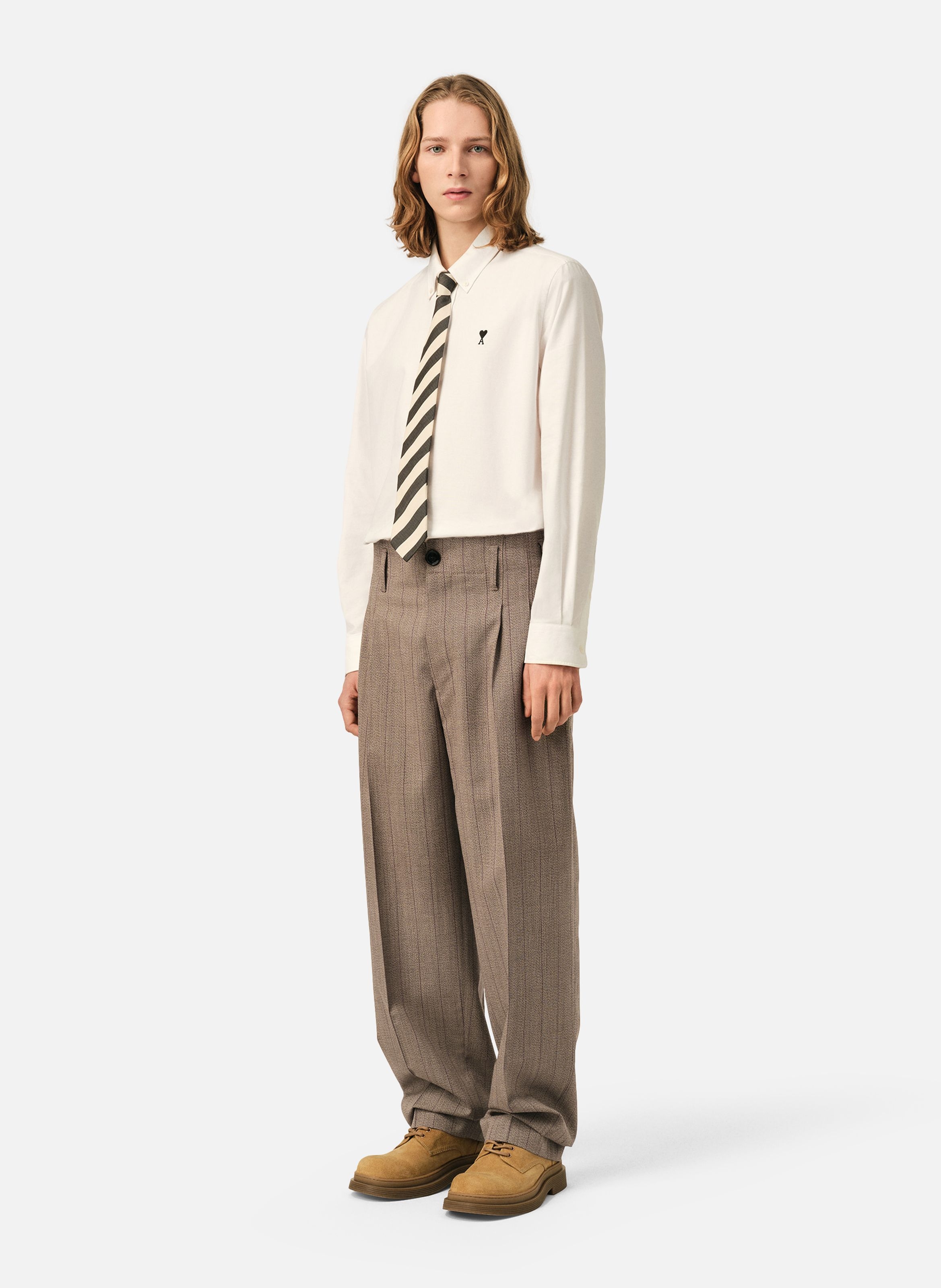 Pantalon rayé deux plis en laine AMI PARIS Marron
