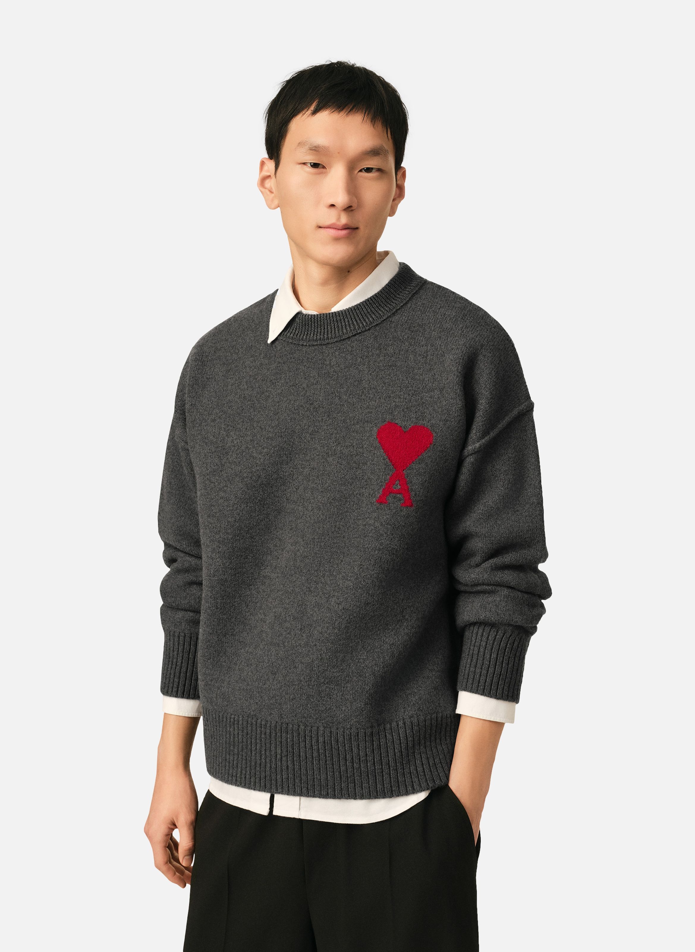 Pull col rond ami de coeur en laine unisexe AMI PARIS Gris