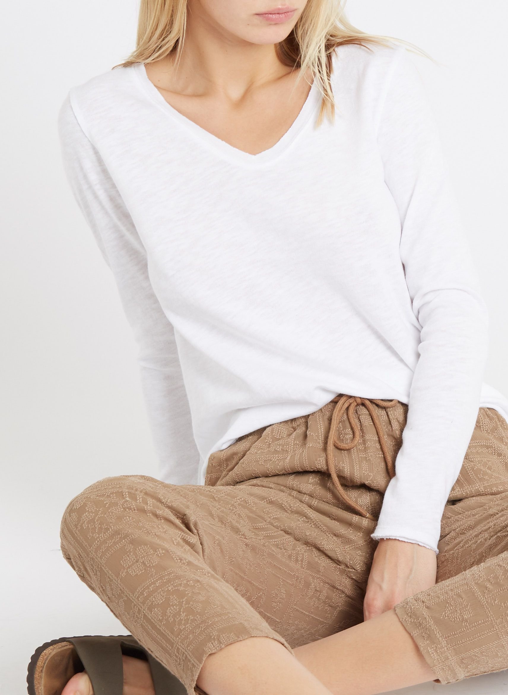 Tee-shirt col v en coton sonoma  Blanc