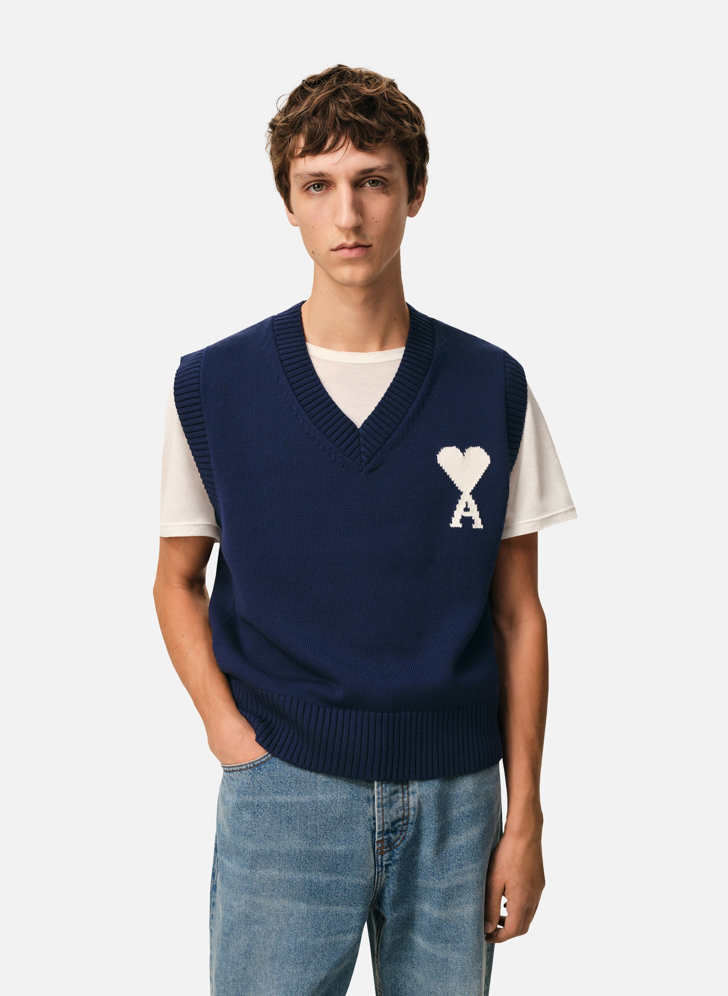 Pull col v sans manches ami de coeur en laine unisexe AMI PARIS Bleu
