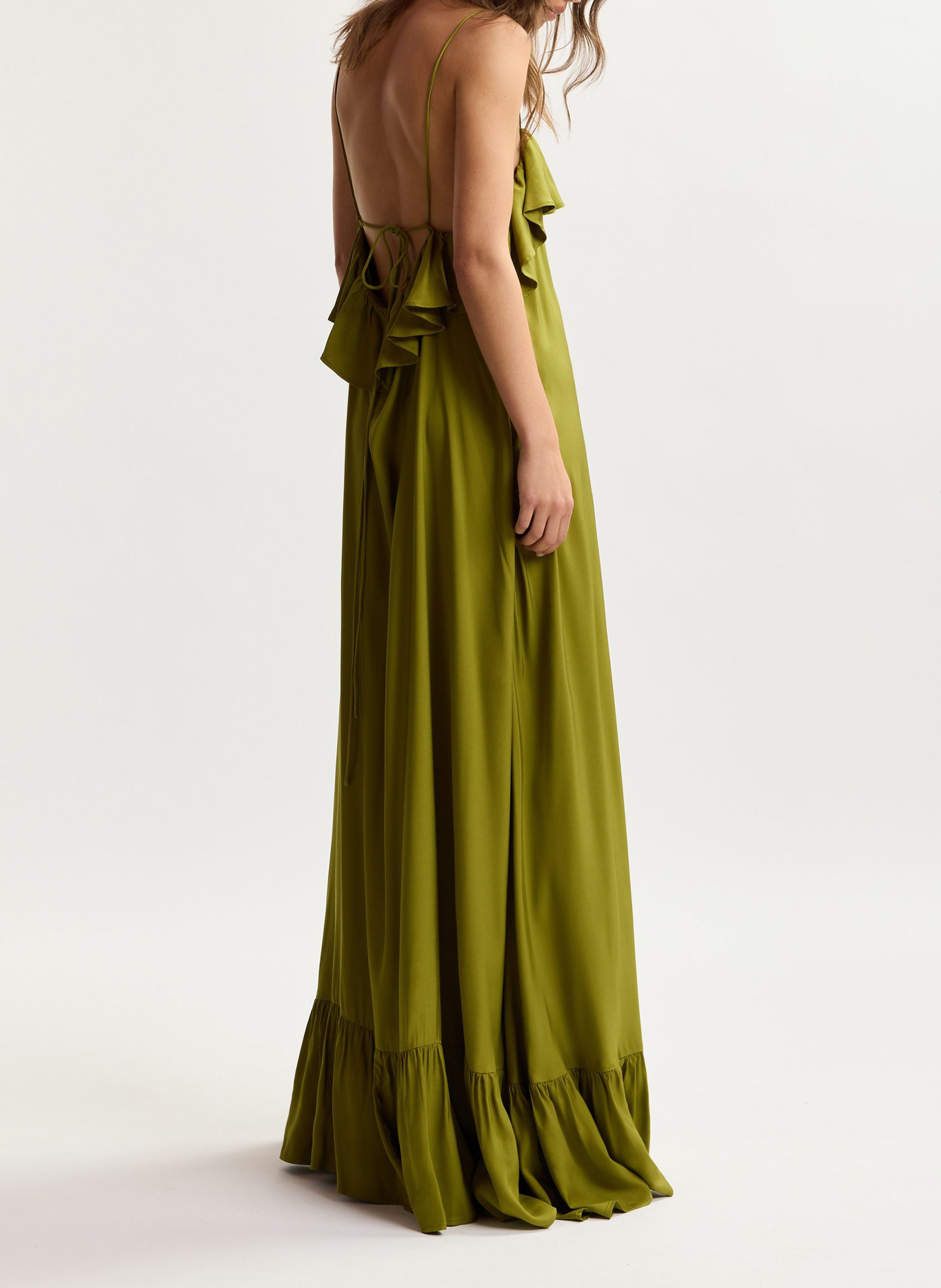 Robe longue fluide à volants unie jeste Vert