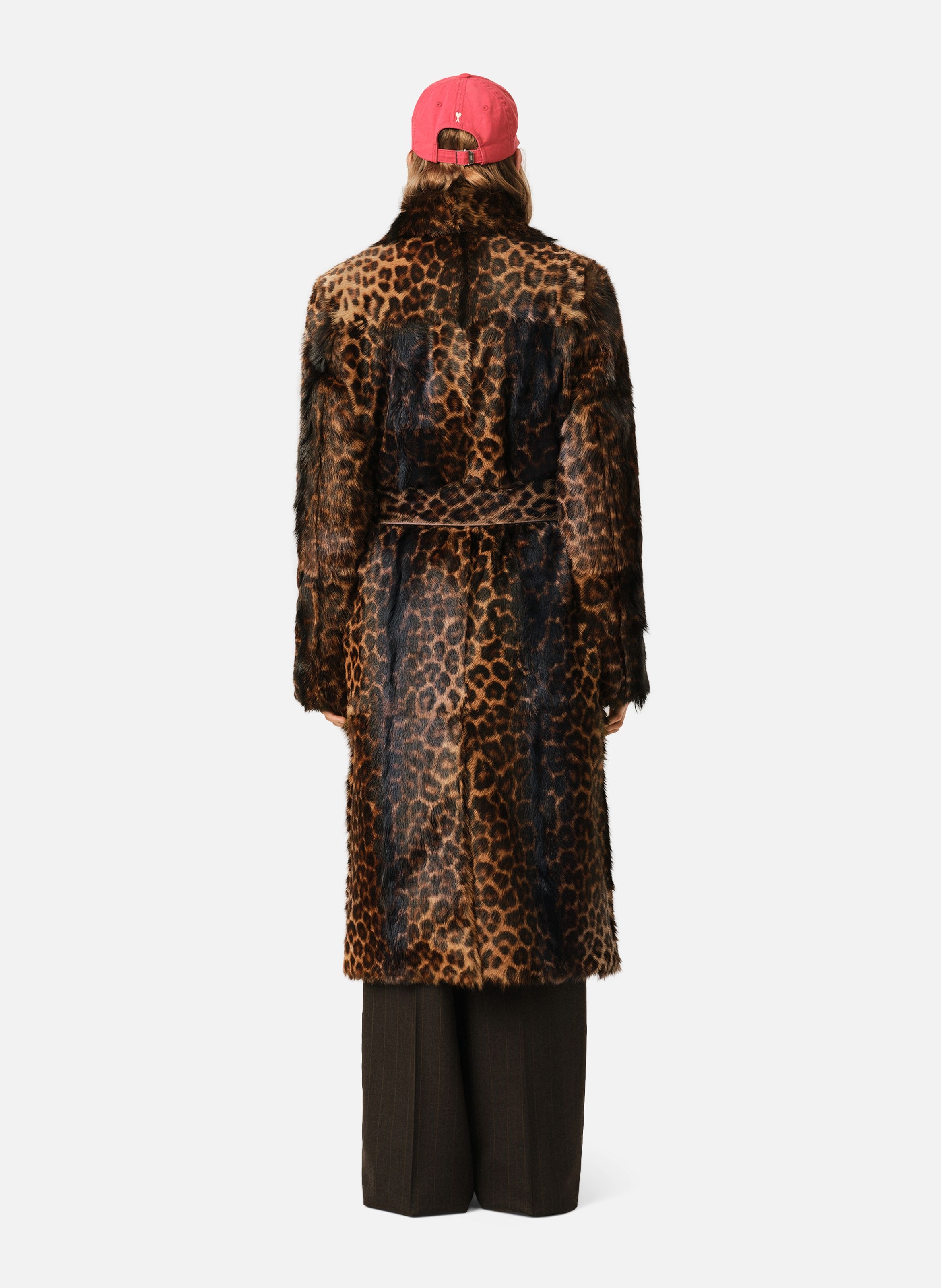 Manteau long léopard ceinturé en cuir de chèvre AMI PARIS Marron