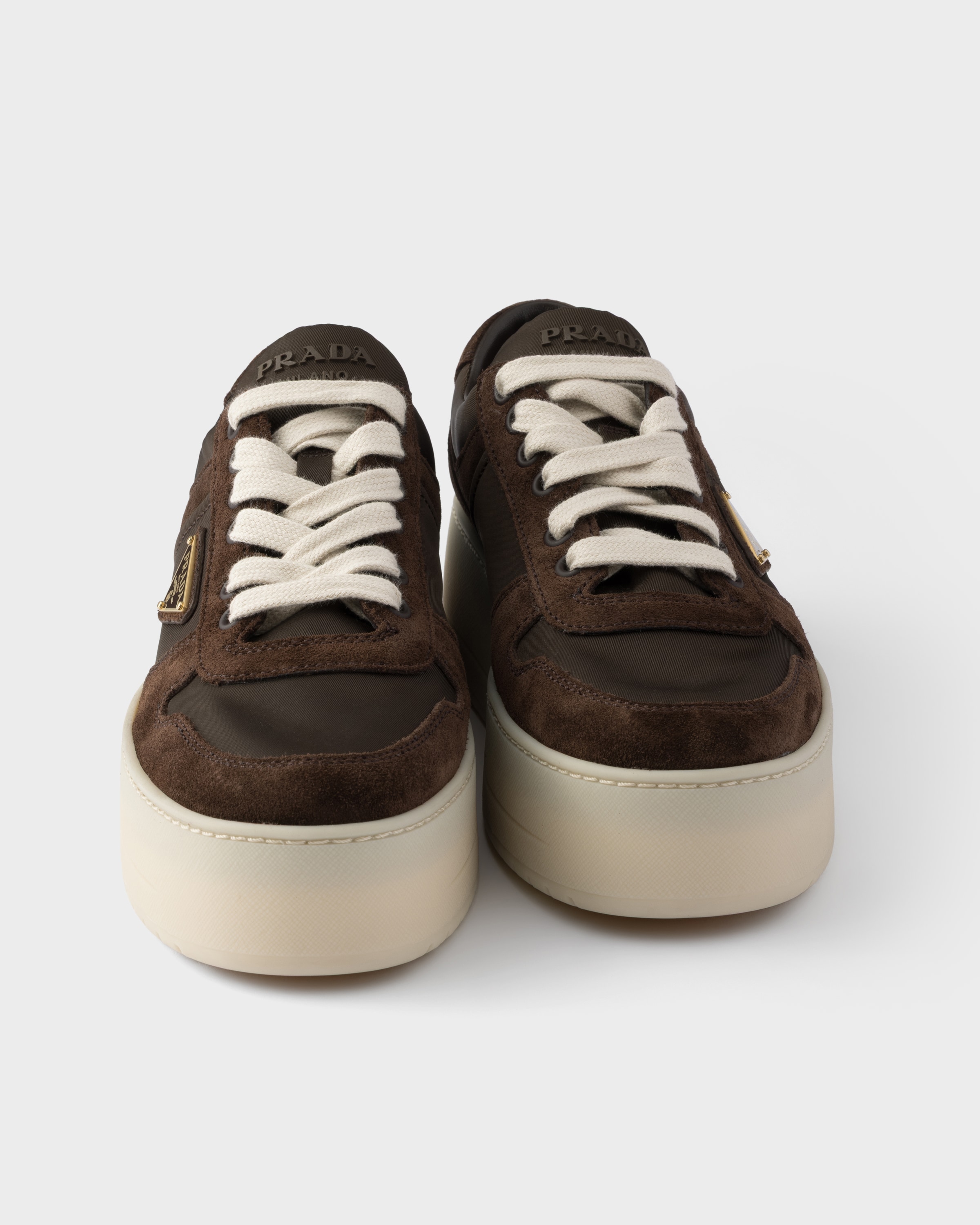 Baskets downtown bold en re-nylon et en daim PRADA Marron