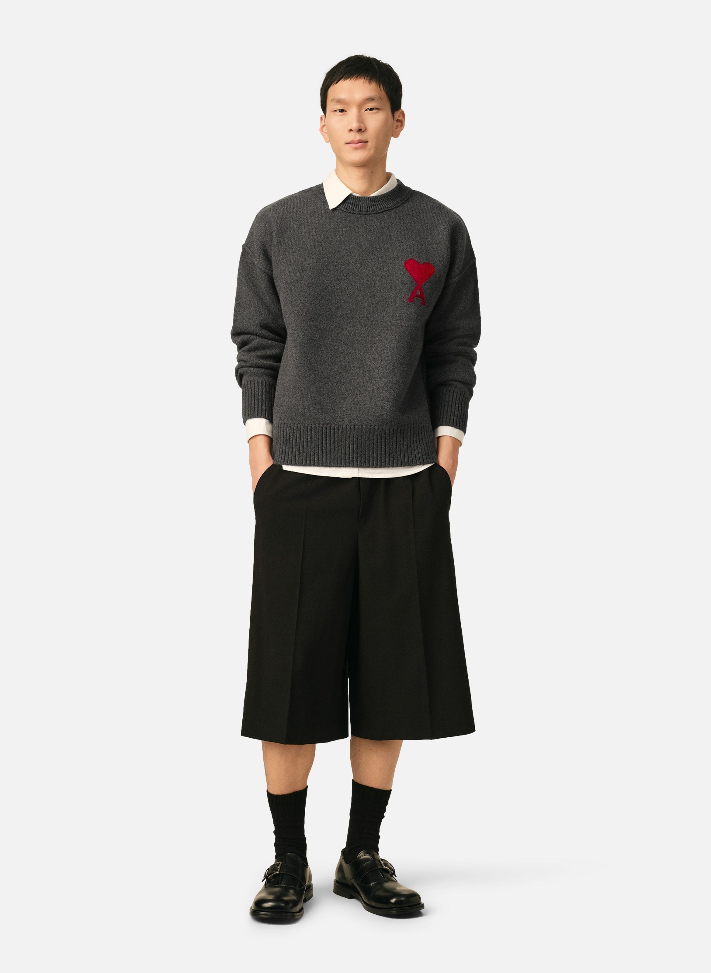 Pull col rond ami de coeur en laine unisexe AMI PARIS Gris