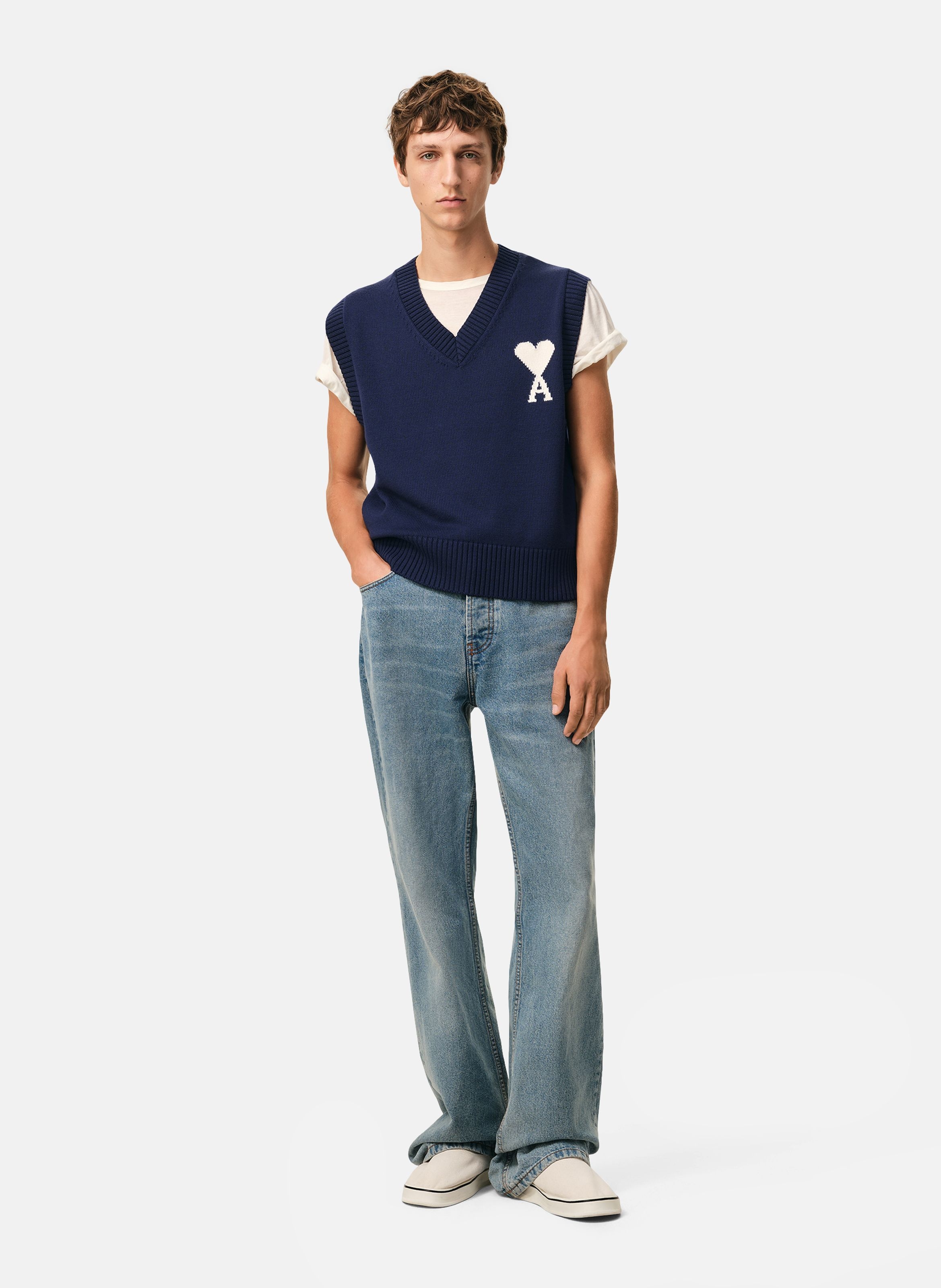 Pull col v sans manches ami de coeur en laine unisexe AMI PARIS Bleu