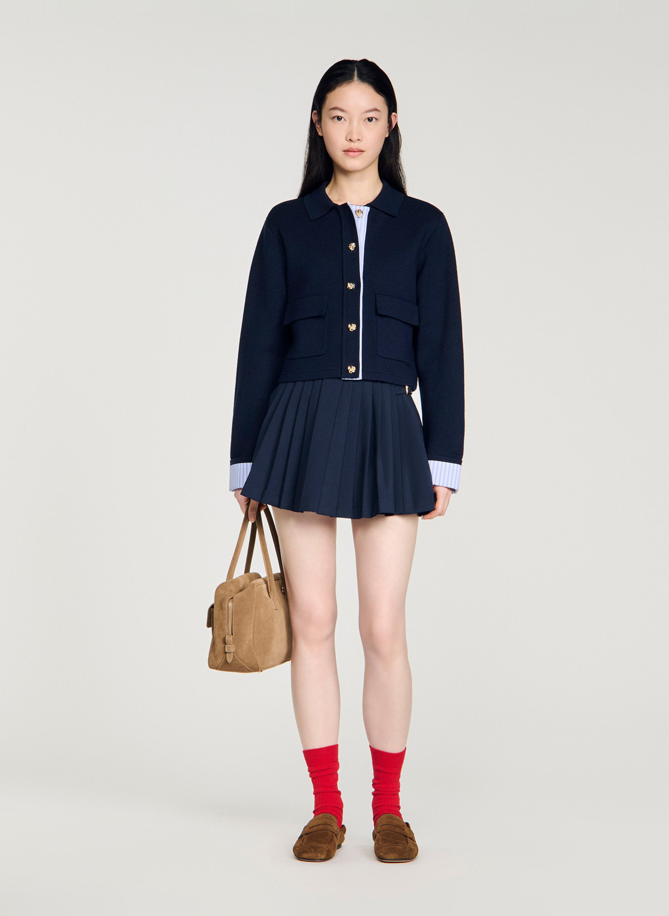 Cardigan court à détail rayé en laine mélangée SANDRO Bleu