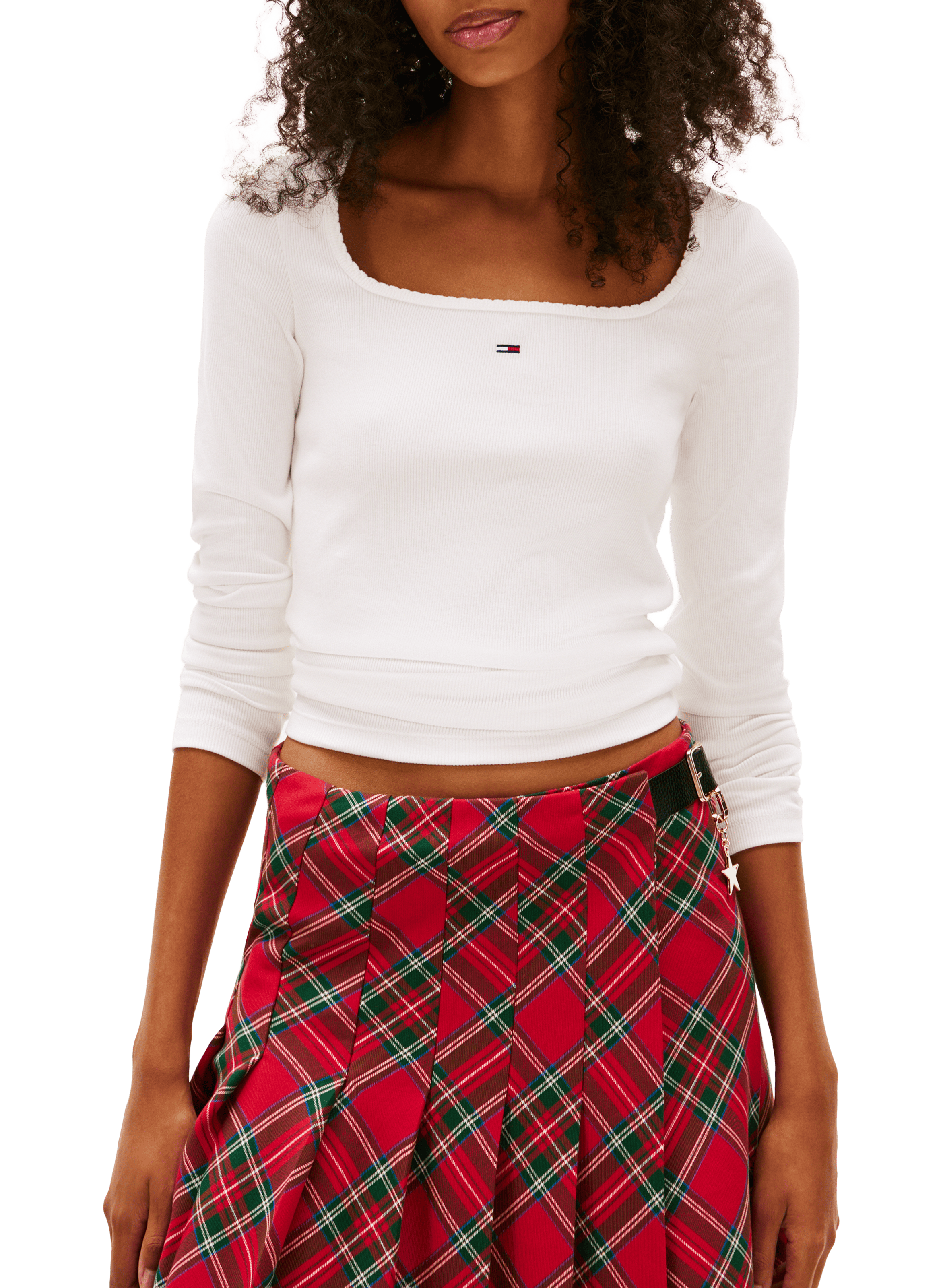 T-shirt côtelé à col carré en coton mélangé TOMMY HILFIGER Blanc