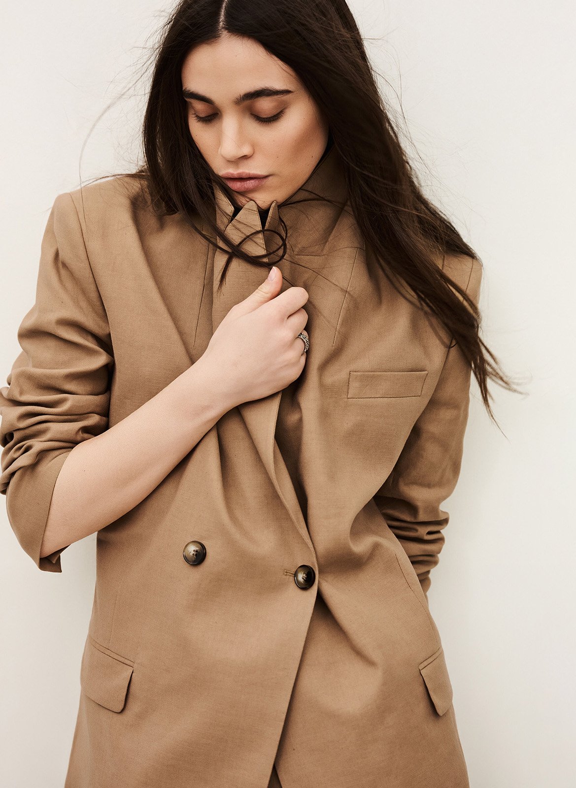 Veste col tailleur en lin mélangé clay Marron