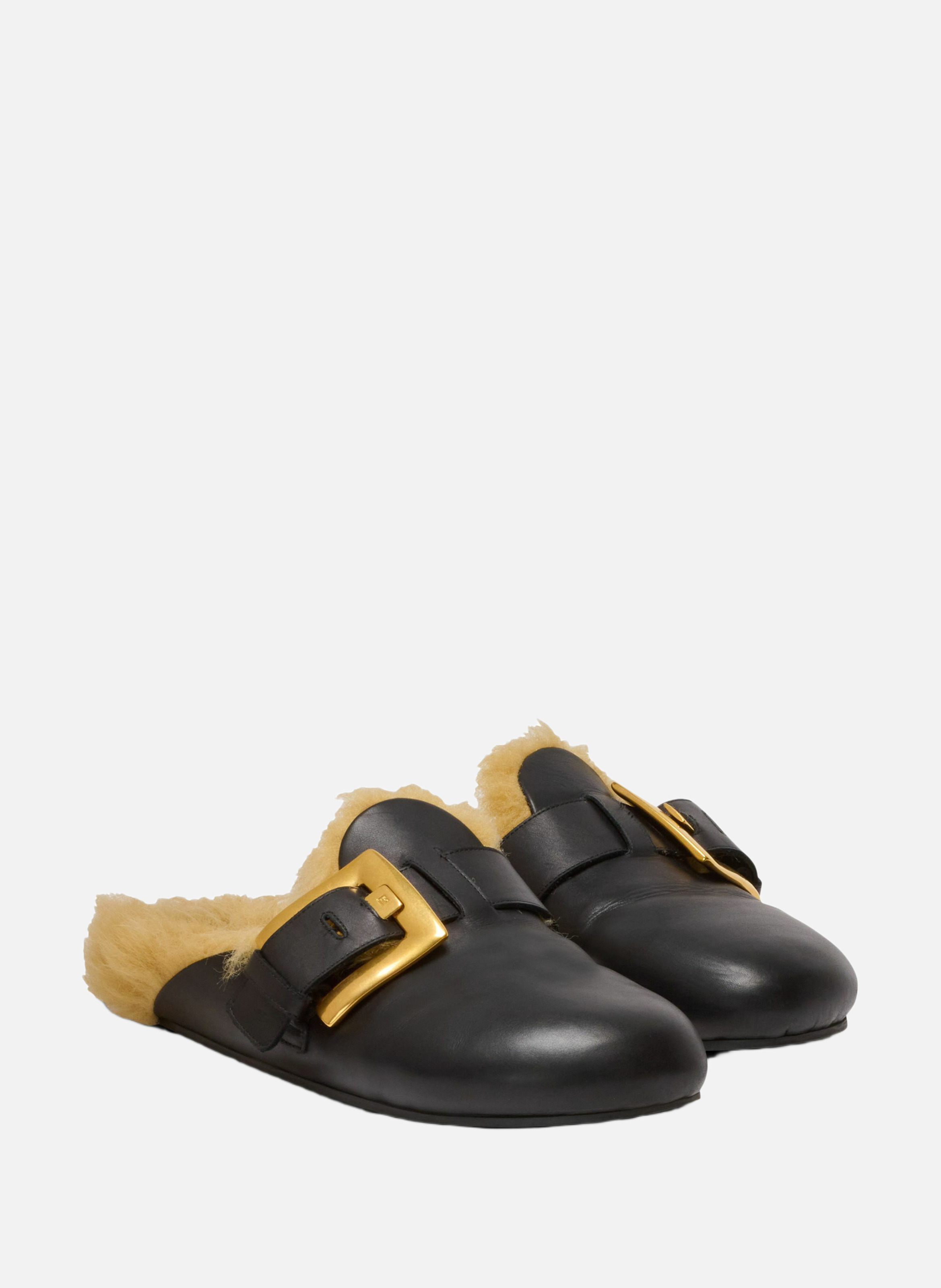Mules plates en cuir fourré BALMAIN Noir