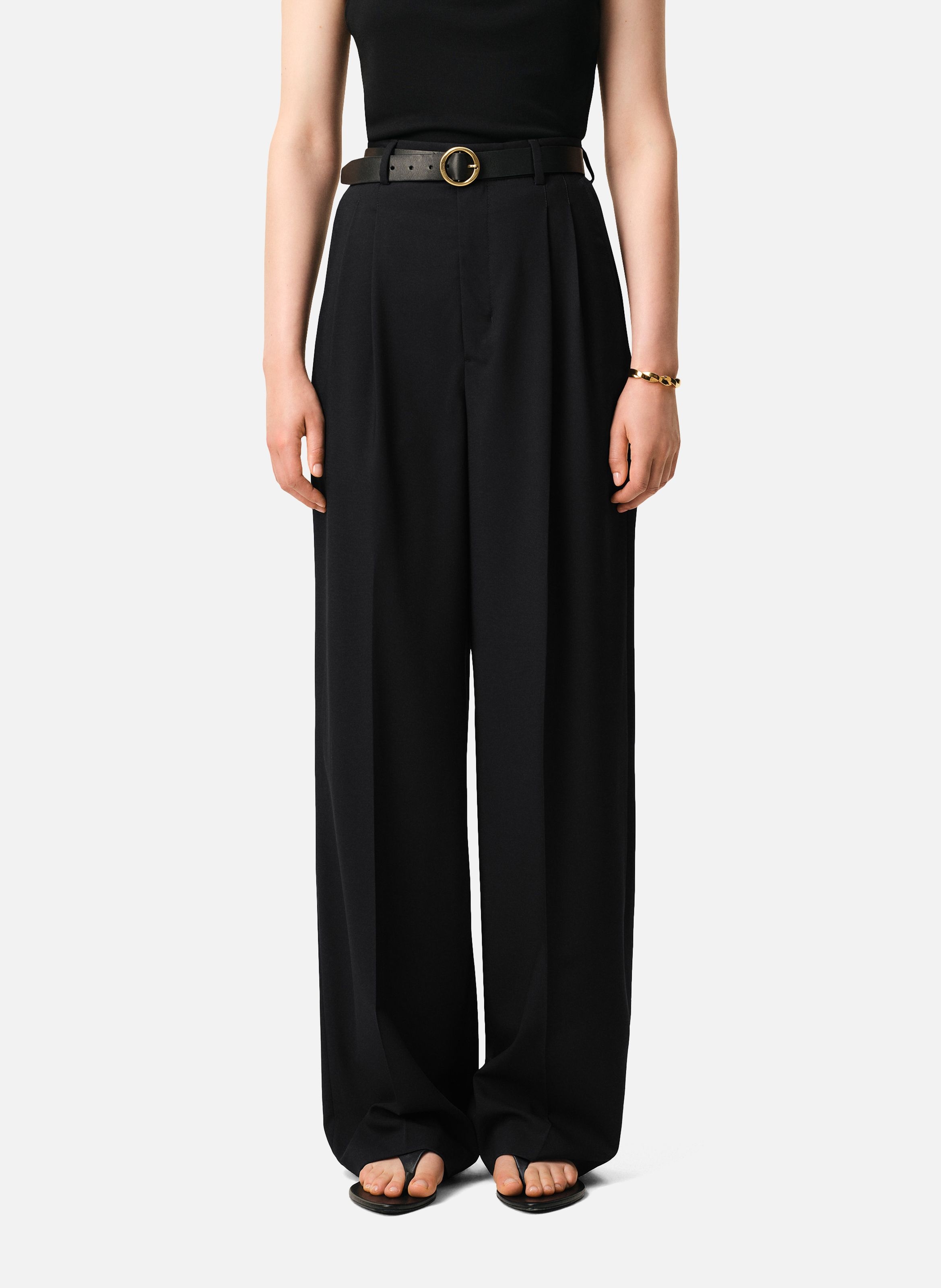 Pantalon large taille haute en laine vierge AMI PARIS Noir