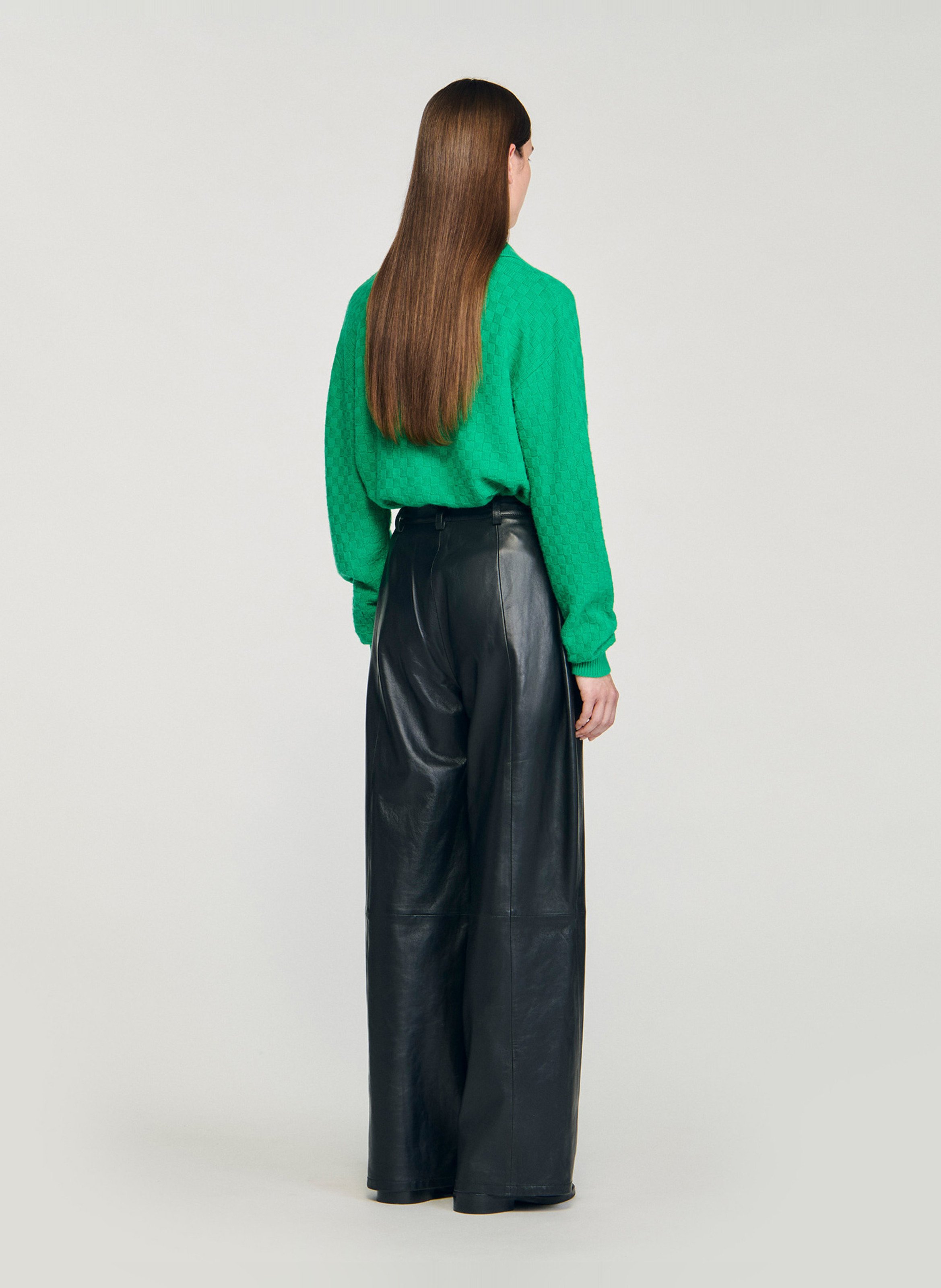 Pantalon large taille haute en cuir SANDRO Noir