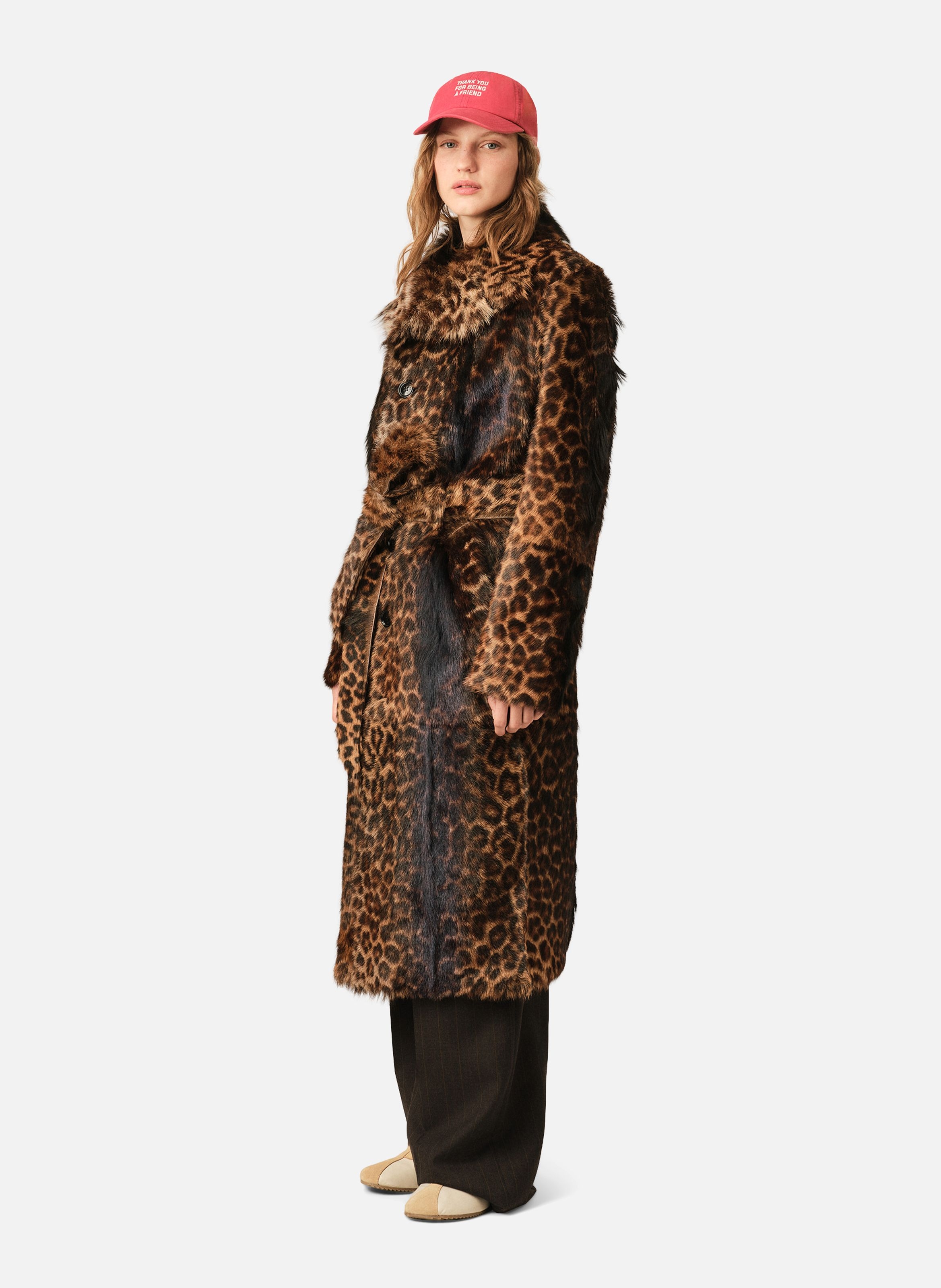 Manteau long léopard ceinturé en cuir de chèvre AMI PARIS Marron