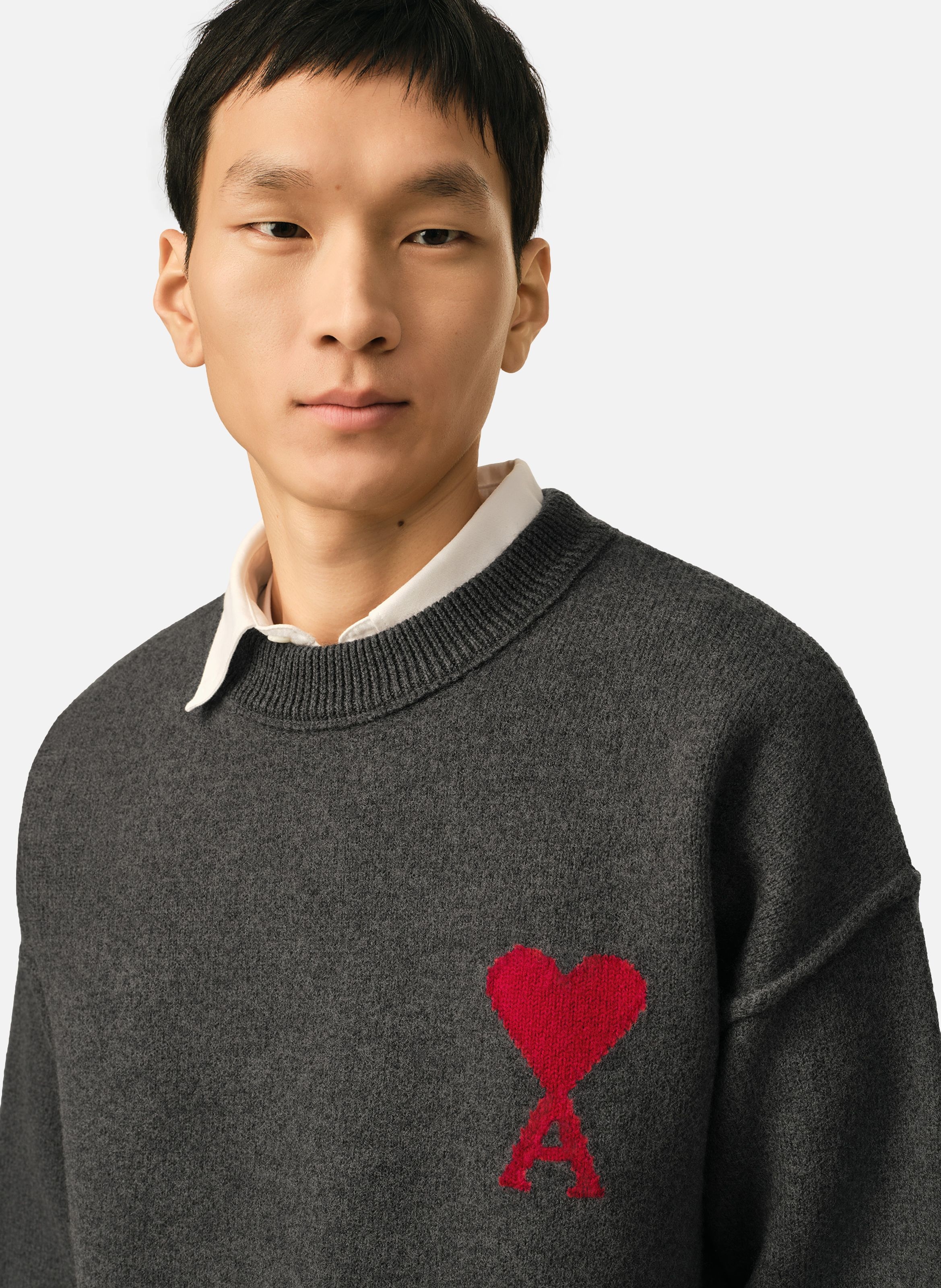 Pull col rond ami de coeur en laine unisexe AMI PARIS Gris