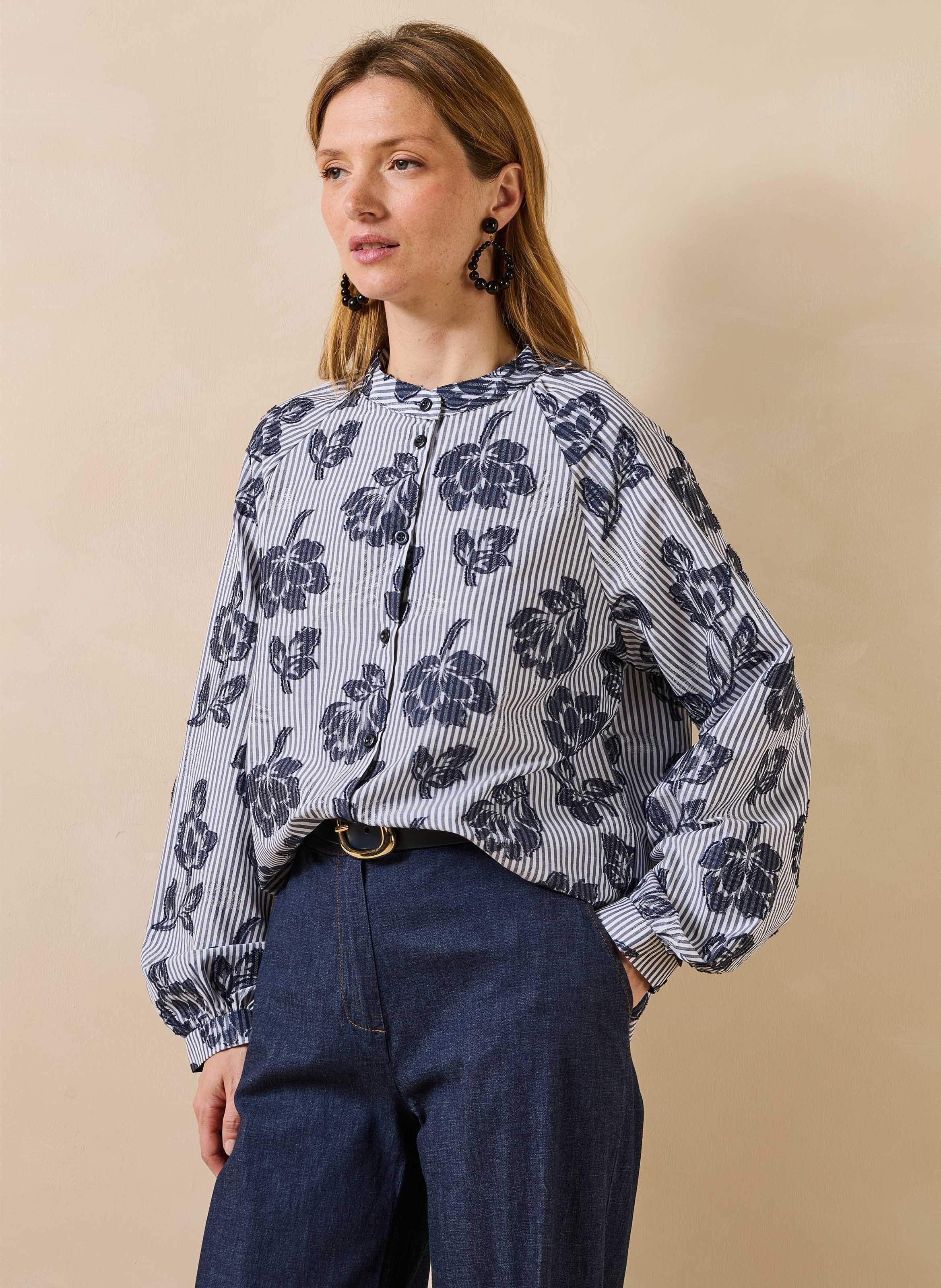Gestreepte blouse met ronde hals van katoenmix LA FEE MARABOUTEE Blauw