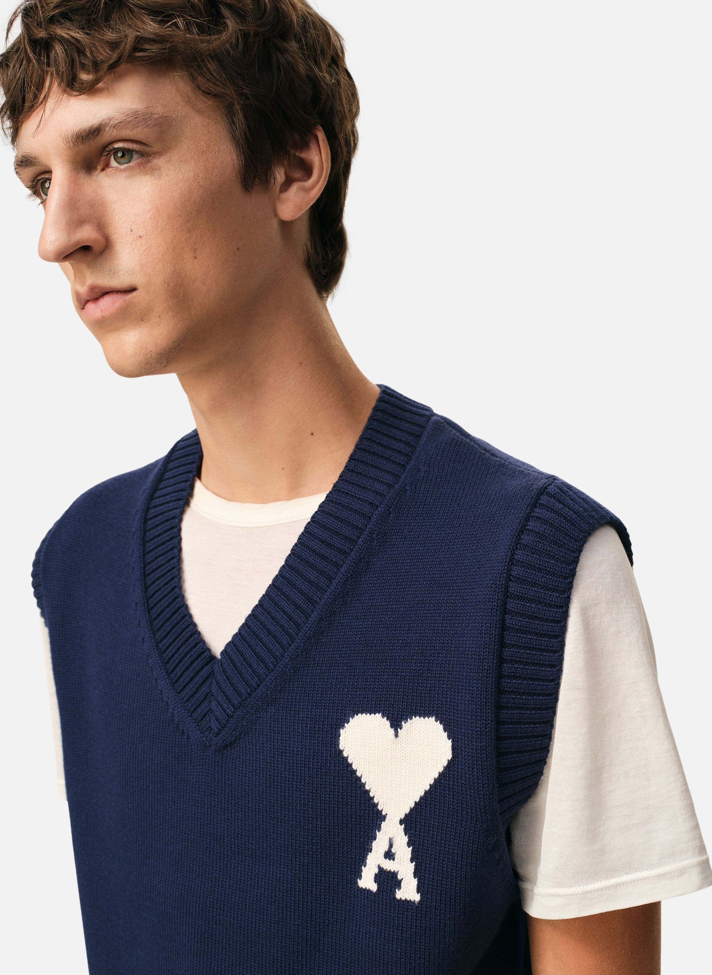 Pull col v sans manches ami de coeur en laine unisexe AMI PARIS Bleu