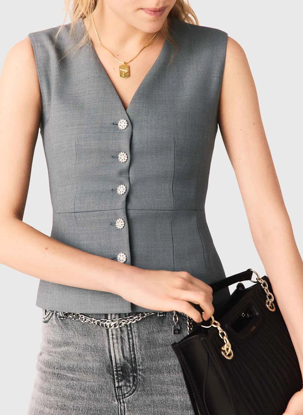 Gilet tailleur sans manches col v MAJE Gris