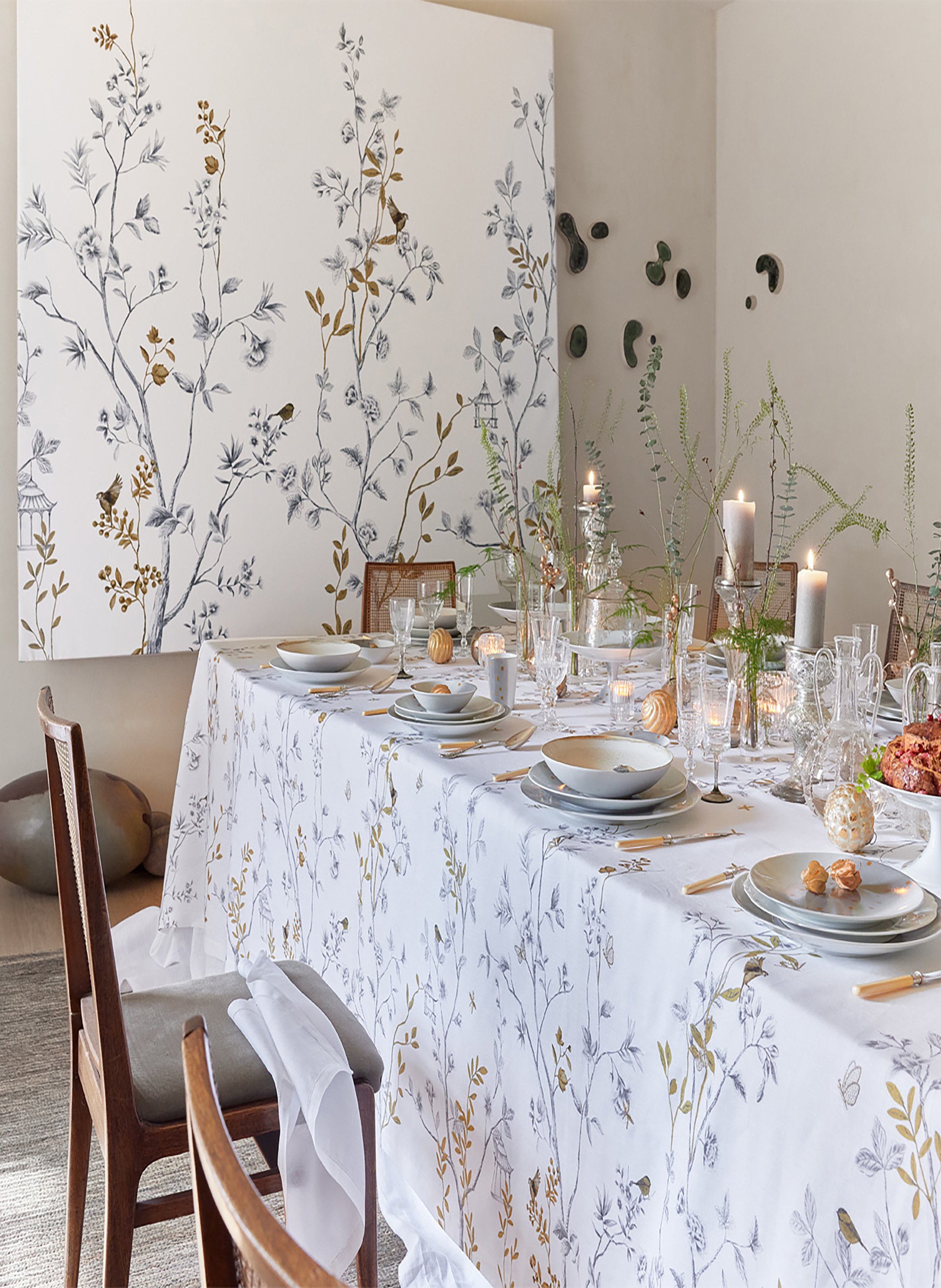 Nappe imprimée et brodée en lin, mésanges ALEXANDRE TURPAULT Noir