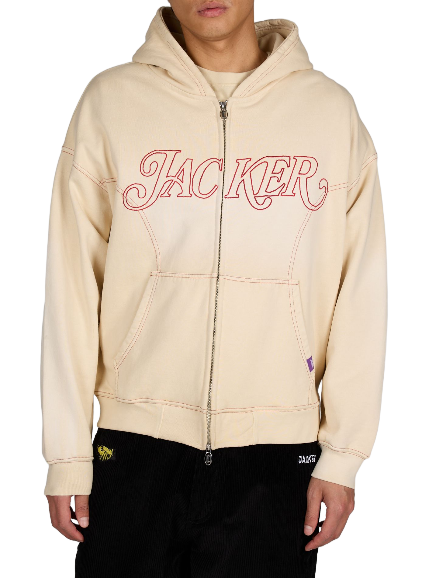 Hoodie zippé à broderies en coton JACKER. Beige