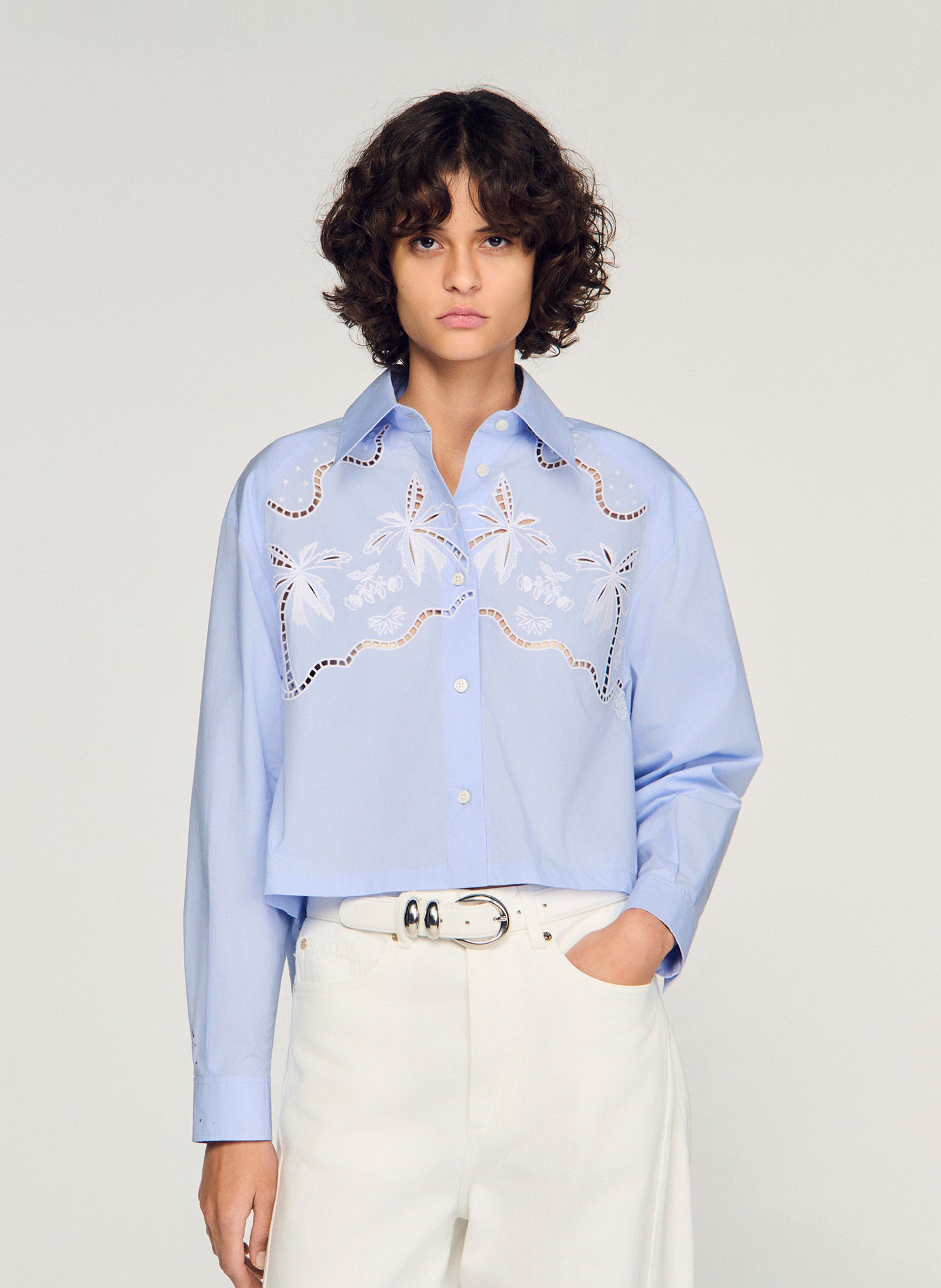 Chemise courte boutonnée à broderie SANDRO Bleu