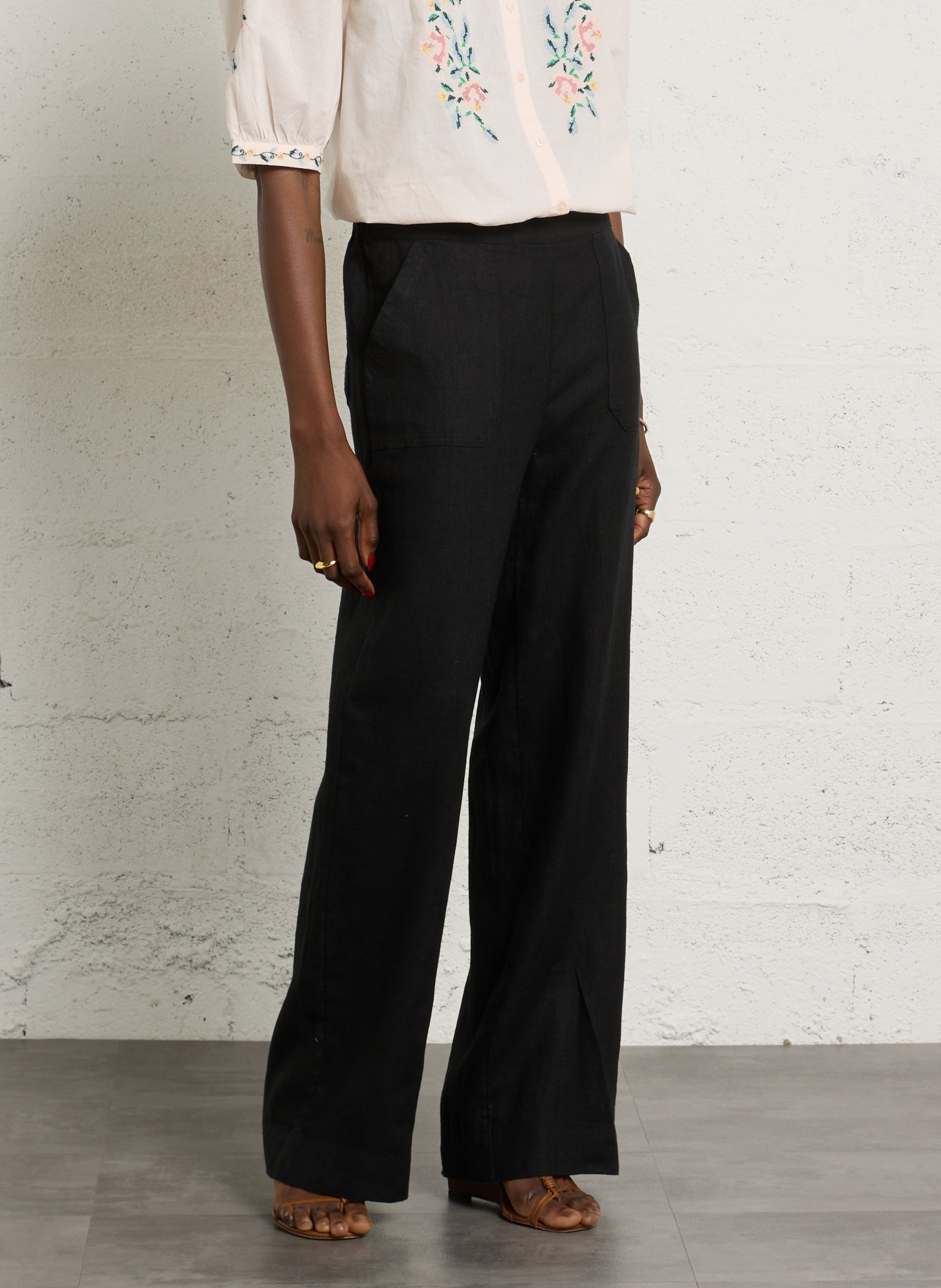 Pantalon large en lin terry  Noir