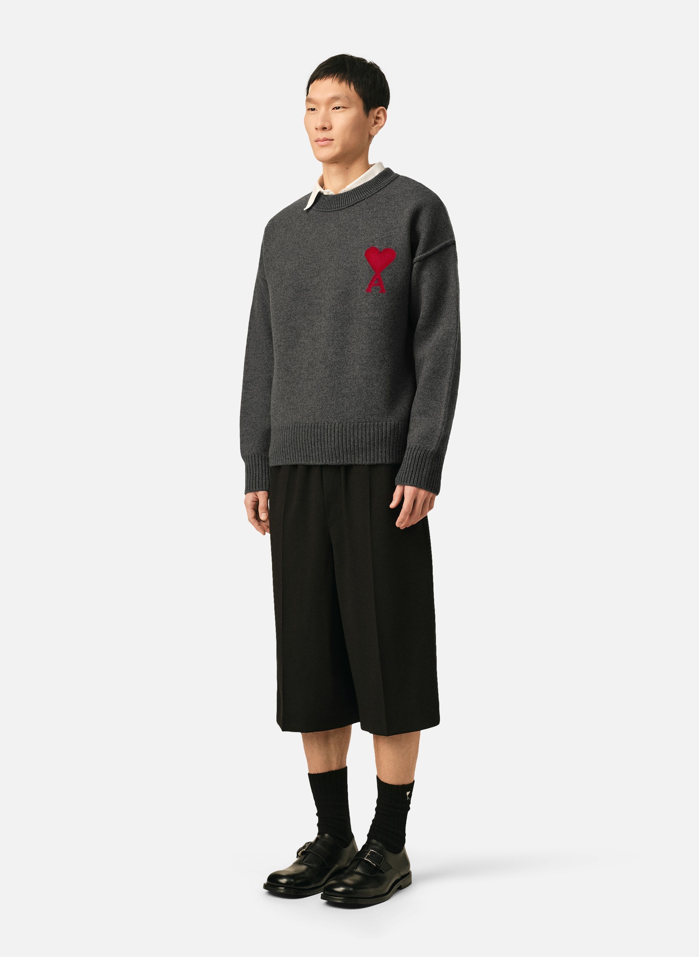 Pull col rond ami de coeur en laine unisexe AMI PARIS Gris