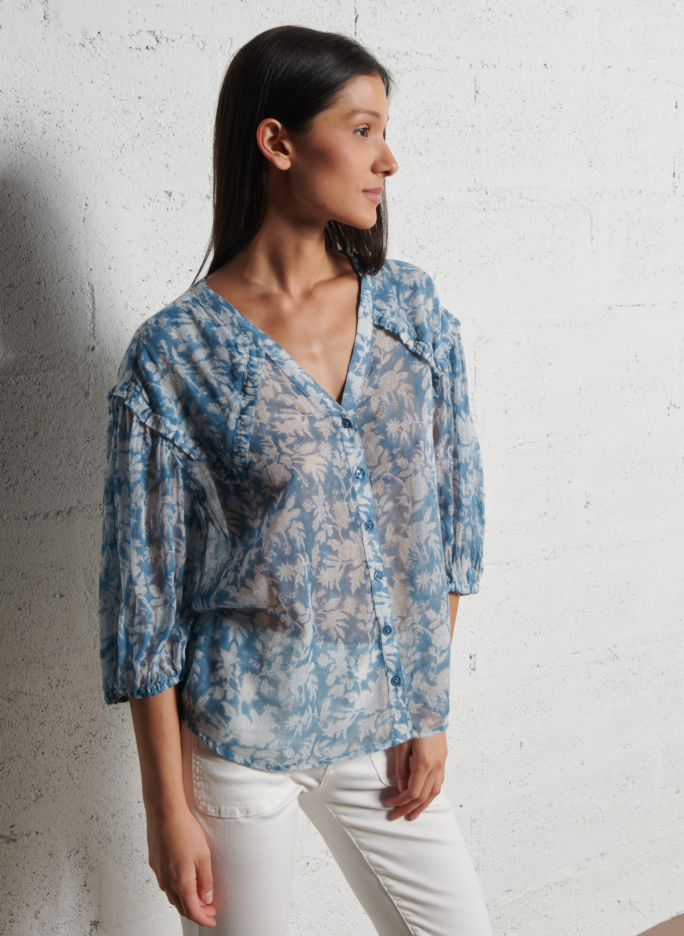 Chemise col v en coton pio MAISON 123 Bleu
