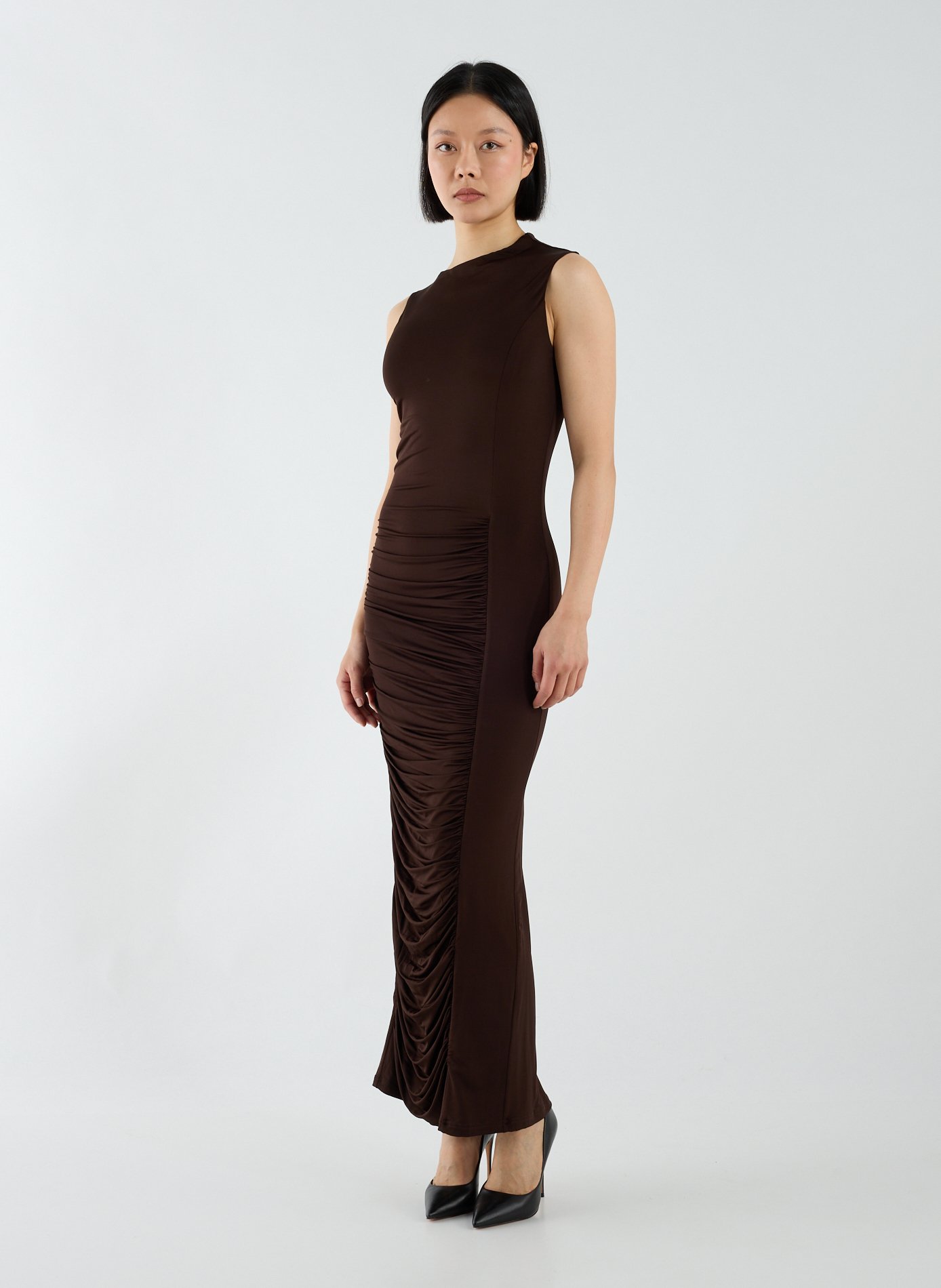 Robe longue froncée sans manches ROTATE Marron