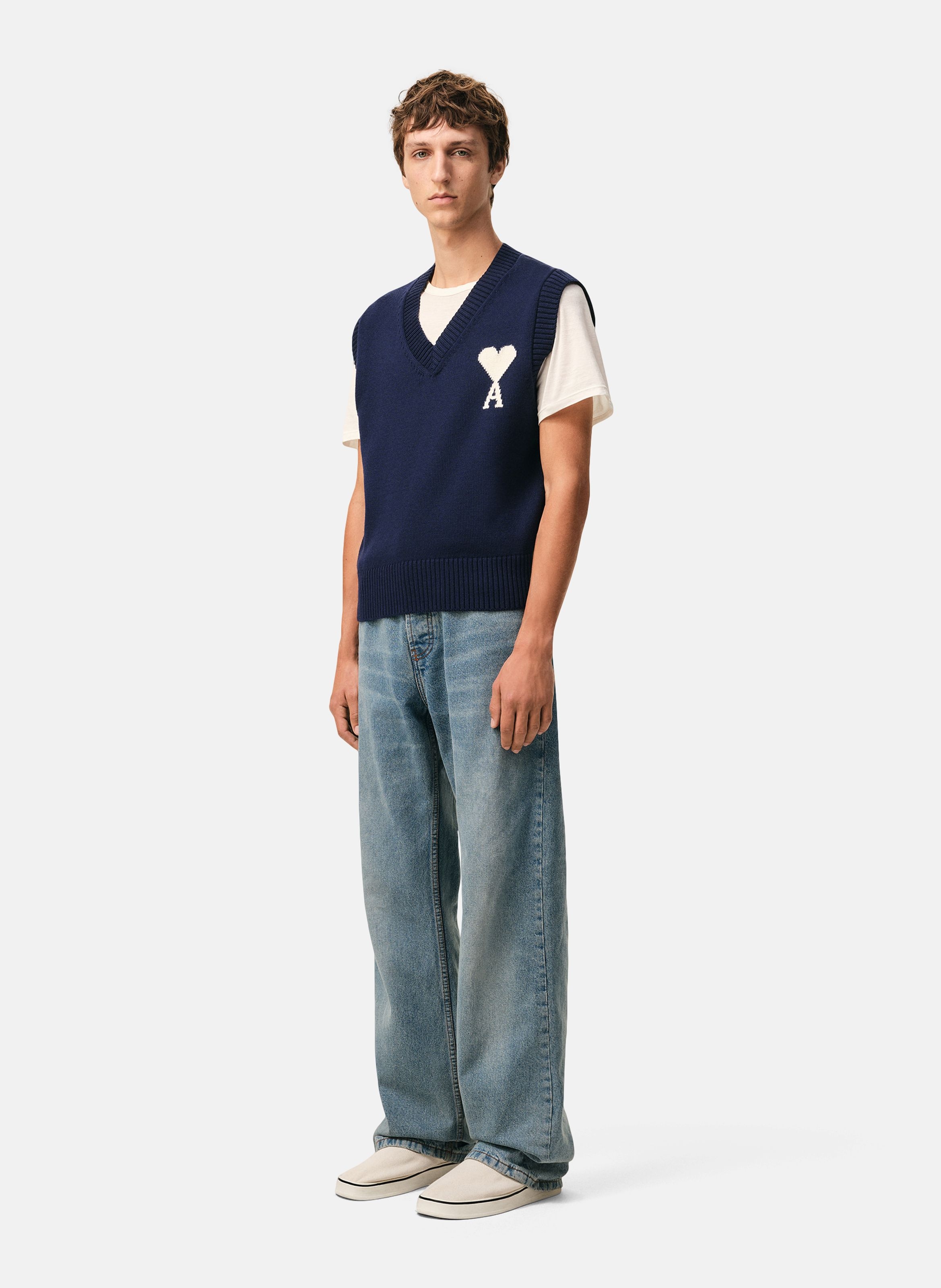 Pull col v sans manches ami de coeur en laine unisexe AMI PARIS Bleu