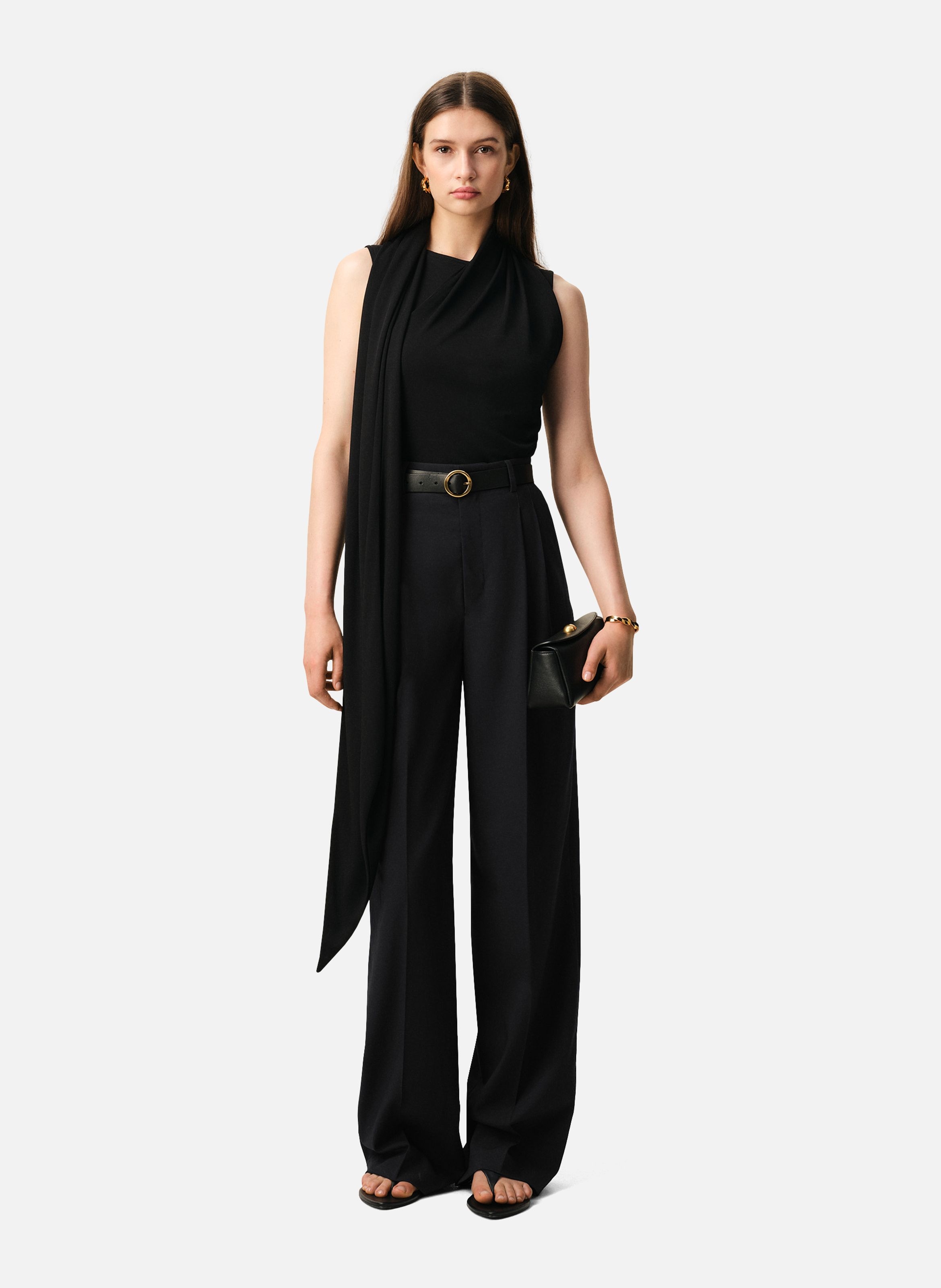 Pantalon large taille haute en laine vierge AMI PARIS Noir