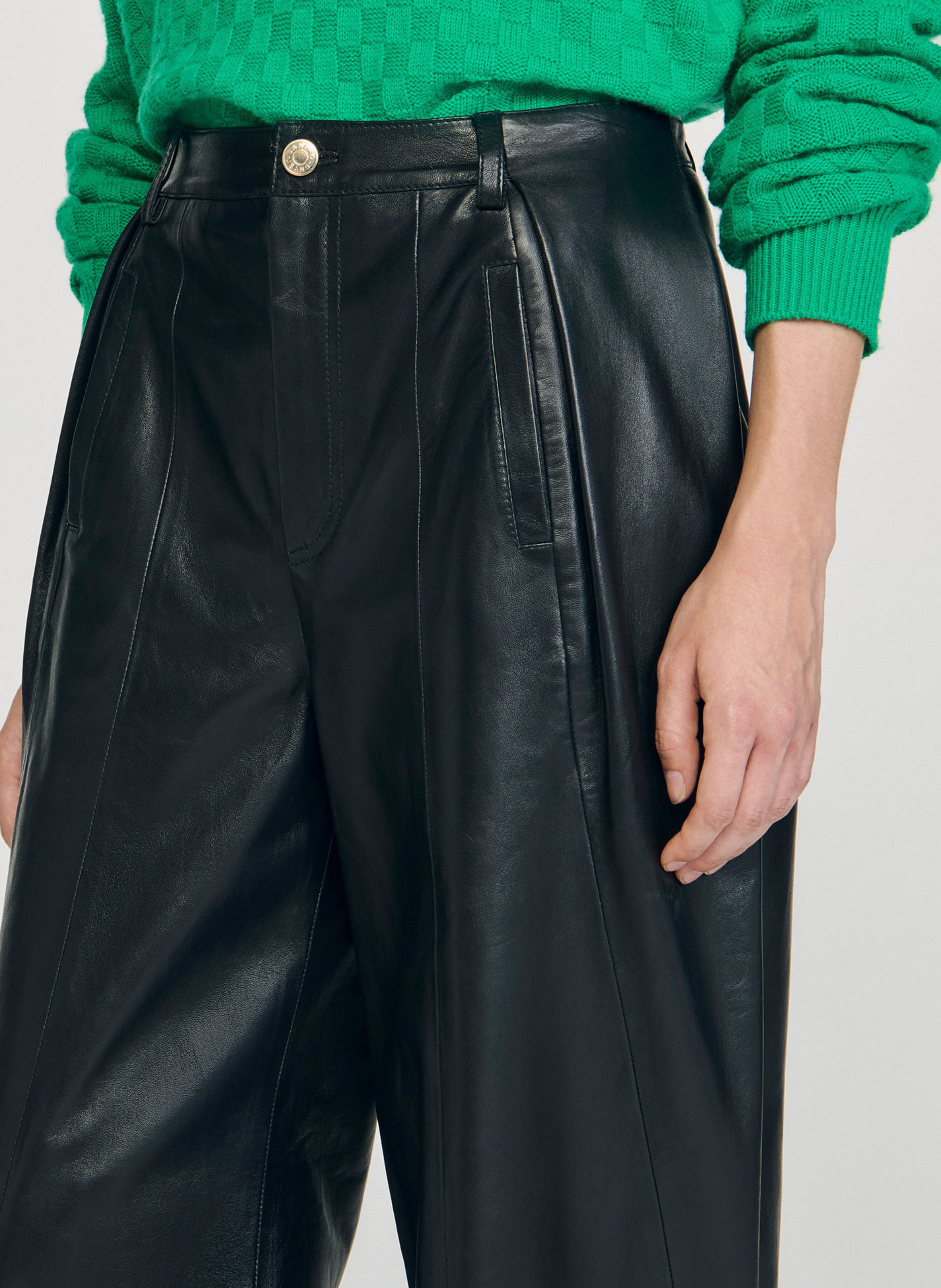 Pantalon large taille haute en cuir SANDRO Noir