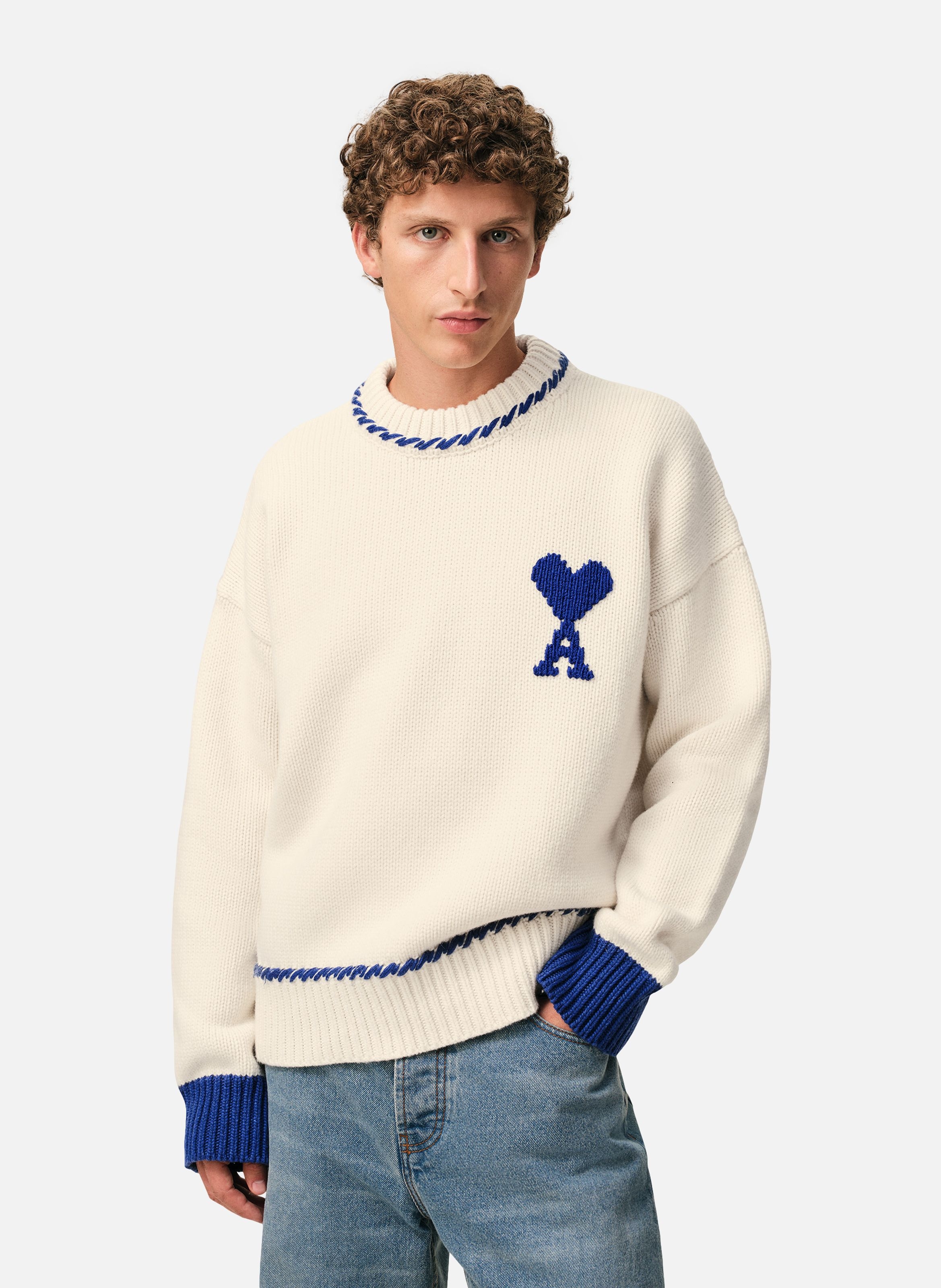 Pull col rond ami de coeur unisexe en laine AMI PARIS Blanc