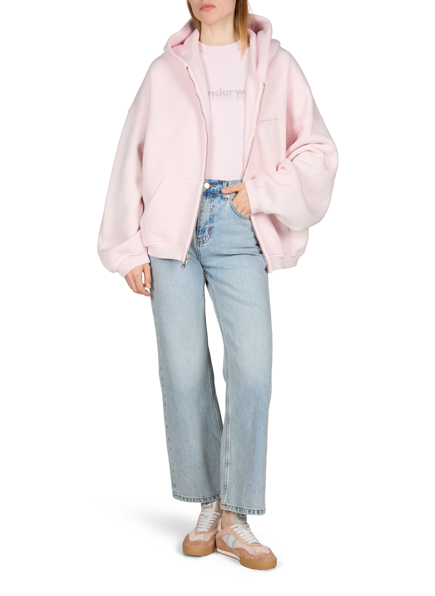 Hoodie strass oversize à capuche en coton mélangé ALEXANDER WANG Rose