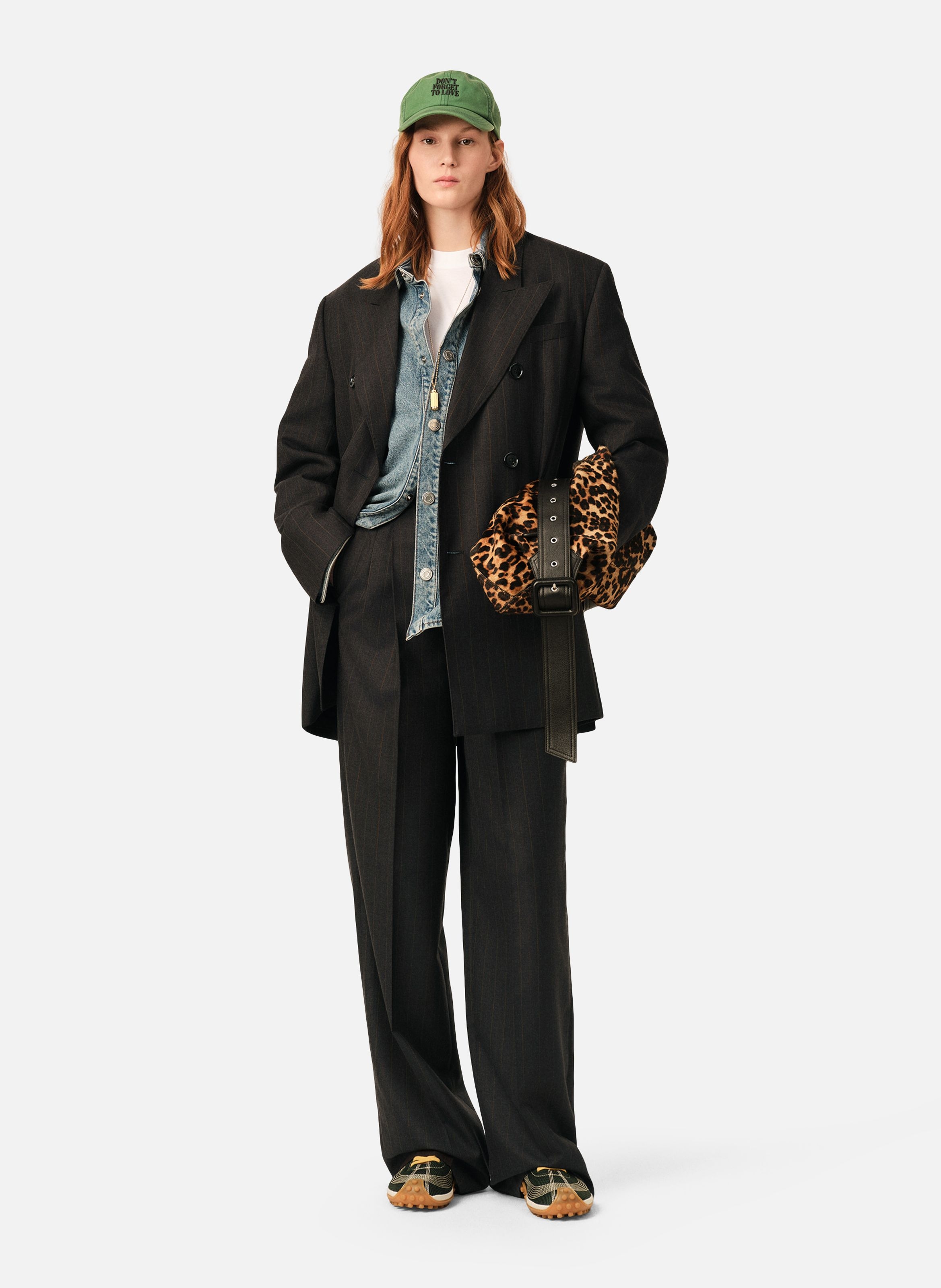Pantalon rayé coupe wide taille haute en laine AMI PARIS Gris