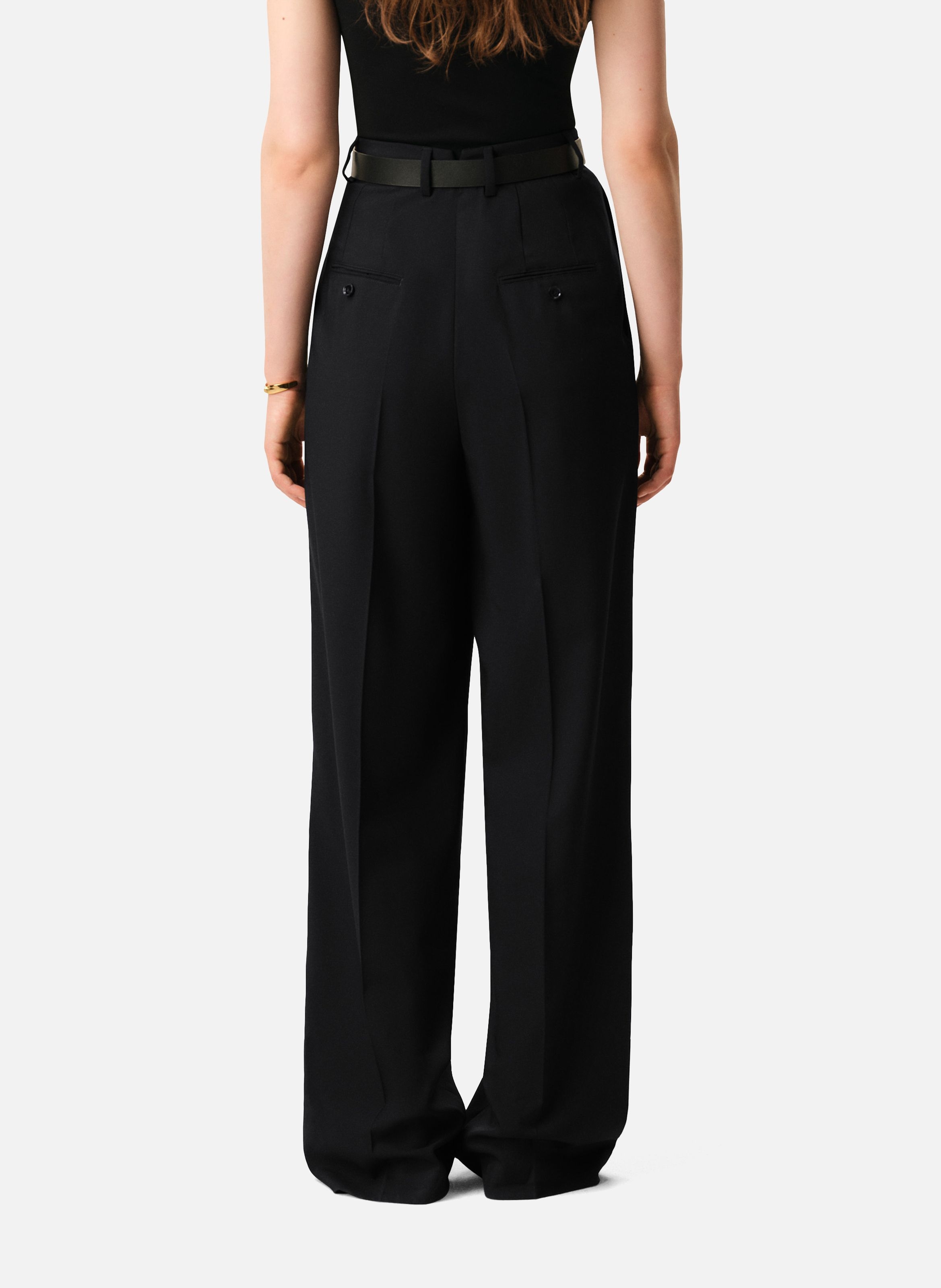 Pantalon large taille haute en laine vierge AMI PARIS Noir