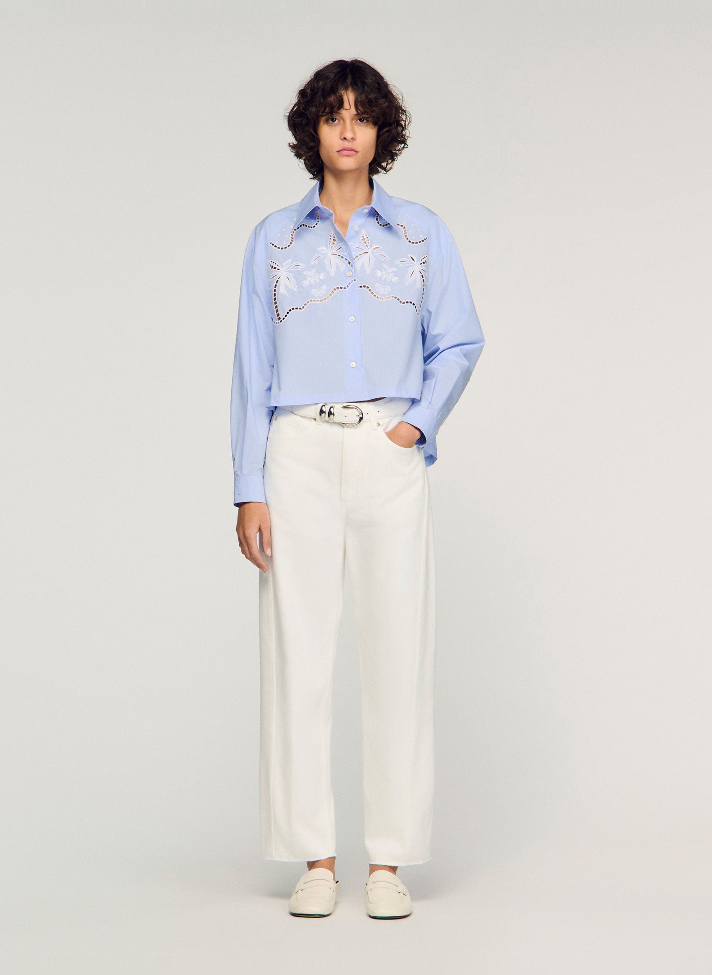 Chemise courte boutonnée à broderie SANDRO Bleu